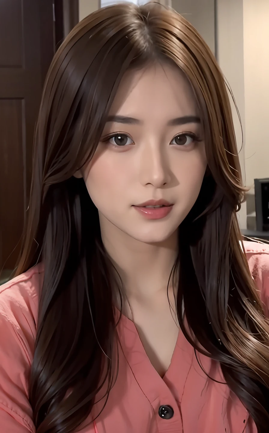 top-quality、超A high resolution、(Photorealsitic:1.4)、(Details Beautiful Girl:1.4)、(mideum breasts:0.8)、looking_at_viewer,full bodyesbian,squatting,detailed face details、beatiful detailed eyes、brown haired、black eyes、haunting smile、(makeups:0.3)、red-lips、Very detailed clothes、(ulzzang-6500-v1.1:0.3)