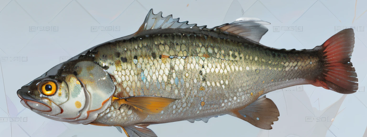 Solid white background,There is a fish standing on a white surface, Small mouth, Garurus glands, ultra high pixel detail, high resolution ultradetailed, High-resolution scanning, photo still of posterior view, hyperedetailed photo, extremely high quality scan, Reflective chitin, hyper detailed Photorealism, high resolution and detail, right side profile