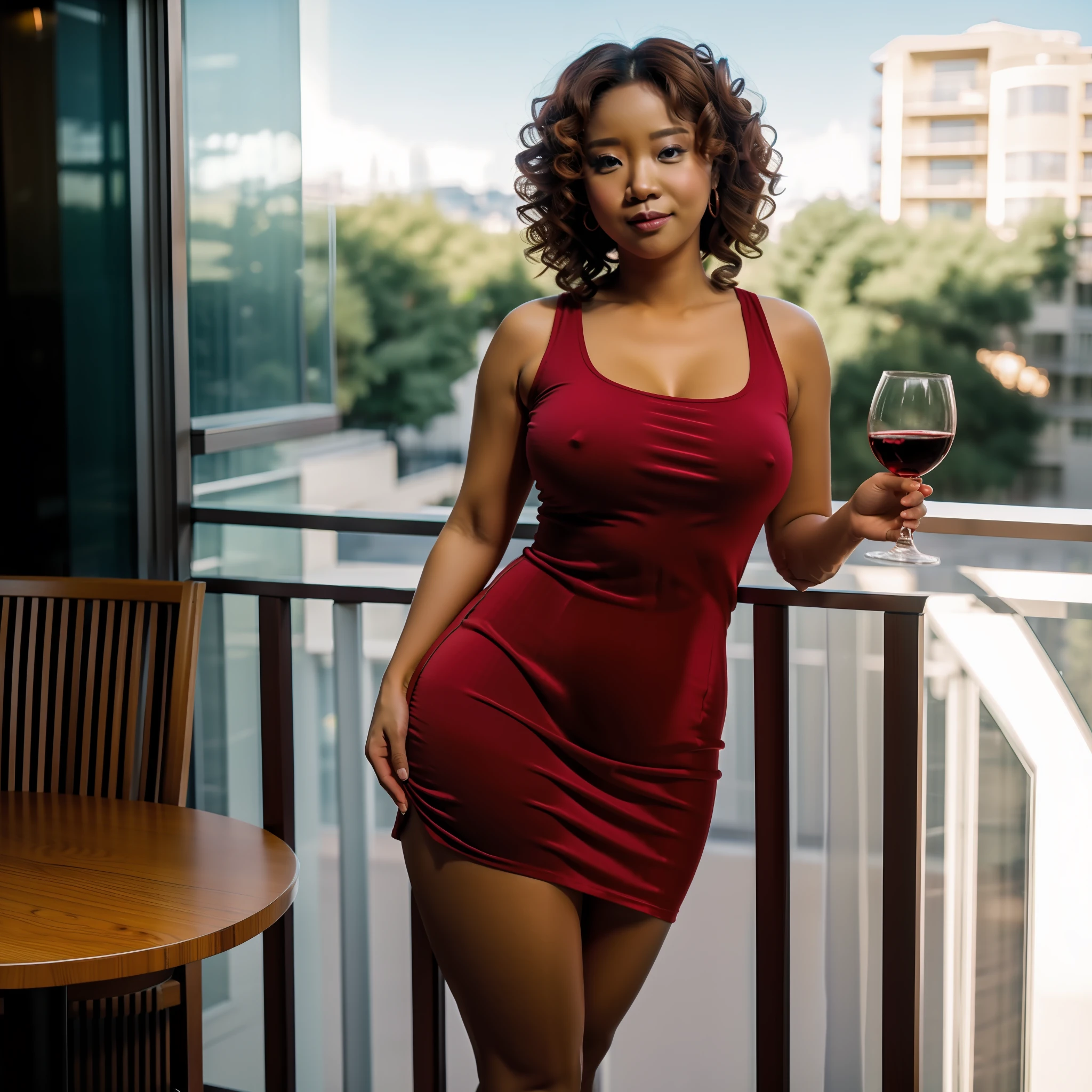 Boobs size 38, ass size 40, semi revealing clothes, little chubby, curly medium hair,  standing in balcony, wine glass in our hand,