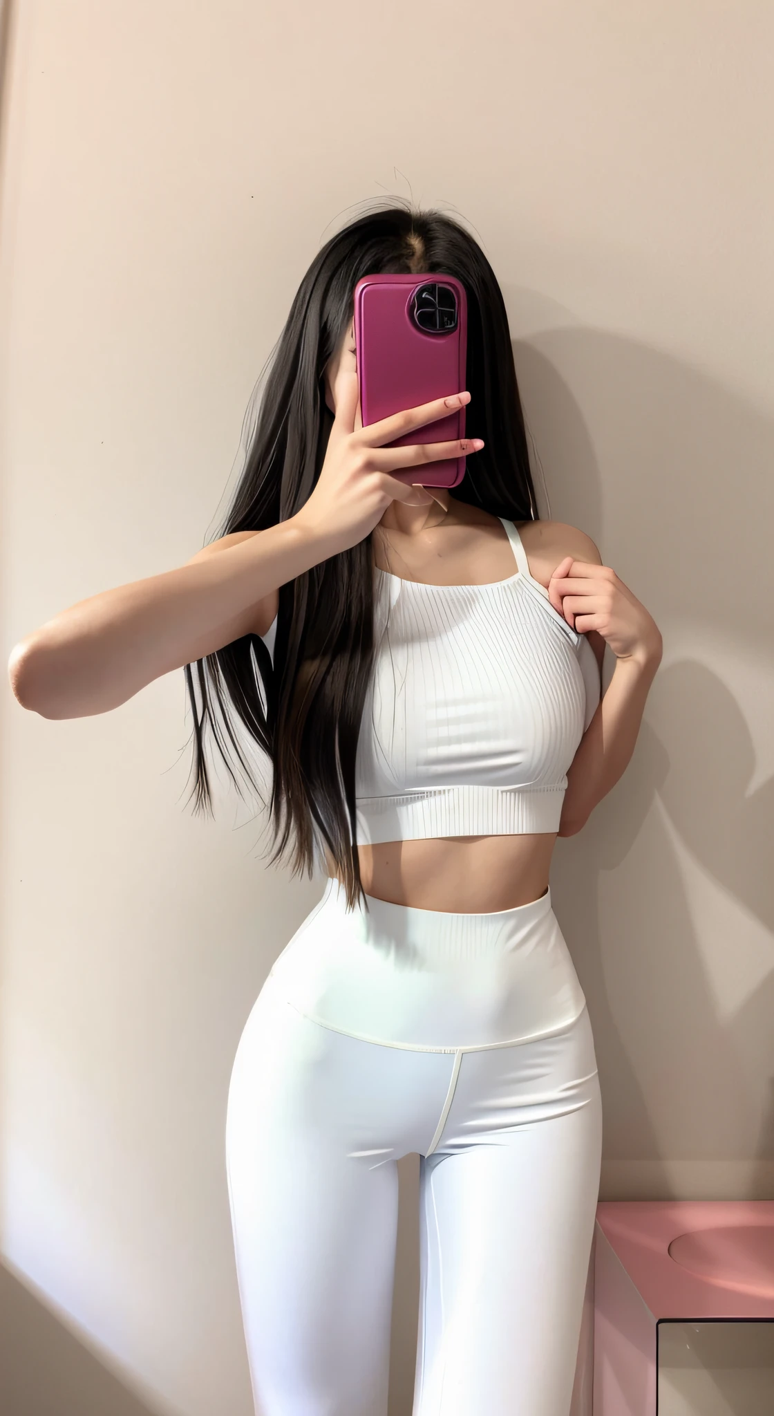 Arapei woman takes a selfie wearing pink leggings, wearing sexy cropped top, thicc, 2 4 old female model, wearing tight simple clothes, smooth white tight clothes suit, wearing a crop top, With long hair, wearing a cute top, tight costume, Slender waist, fit dainty figure, gorgeous chinese models, Crop top, with long dark hair