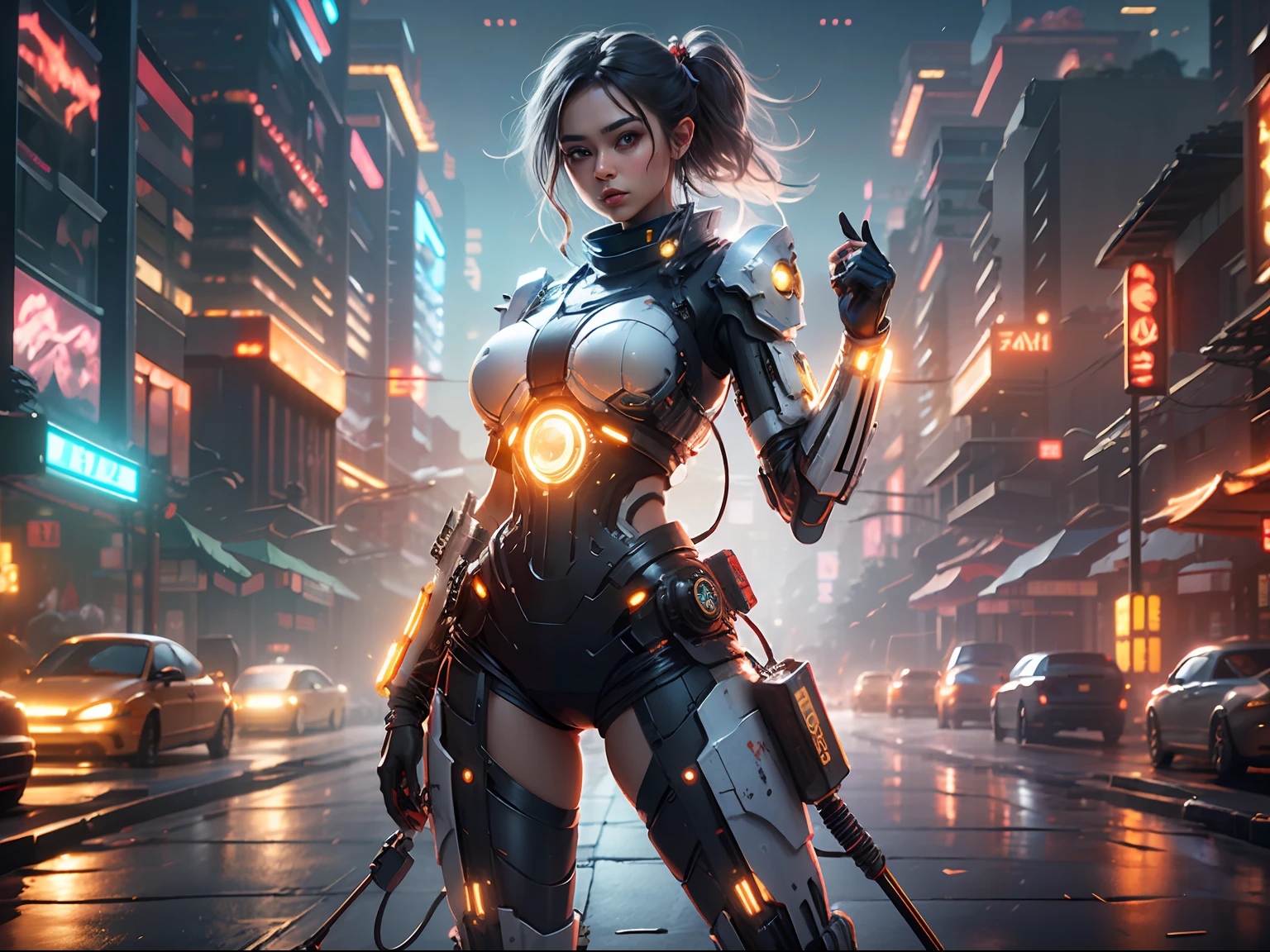 （best qualtiy））， （（tmasterpiece））， （The is very detailed： 1.3）， 3D，cyber punk perssonage，The city of the future，the night，Be a woman cyborg，Raised sexy， Sci-fi technology， hdr（HighDynamicRange）， Ray traching， NVIDIA RTX， Hyper-Resolution， Unreal 5， sub surface scattering， PBR Texture， Post-processing， Anisotropy Filtering， depth of fields， Maximum Acutance and Acutance， Many-Layer Textures， Specular and albedo maps， Surface coloring， Accurate simulation of light-material interactions， perfectly proportions，rendering by octane，twotonelighting，Low ISO，White balance，trichotomy，largeaperture，8K raw data，High efficiency sub-pixel，sub-pixel convolution，light particules，Light scattering，Tyndall effect，Very sexy，full bodyesbian，Fighting posture，