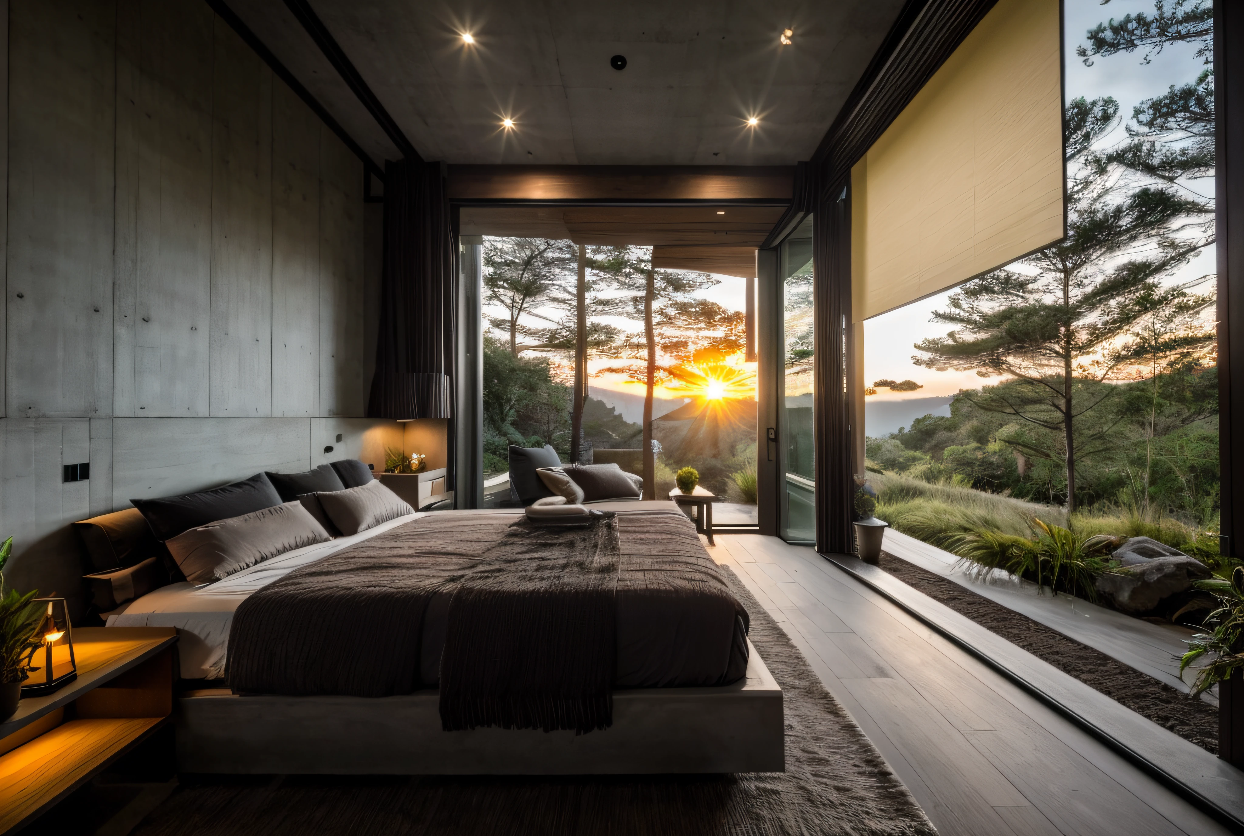 interior minimalist, RAW photo, nature, epic futuristic, sunset, fade, warm, raw, hdr, traveler clothes, standing in the forest, natural skin, 8k uhd, high quality, film grain, Fujifilm XT3, cinematic, slate grey, dramatic light, architecture, villa, yellow lights, large sliding glass door, palm, bali, resort, concrete awning with downlights, bedroom