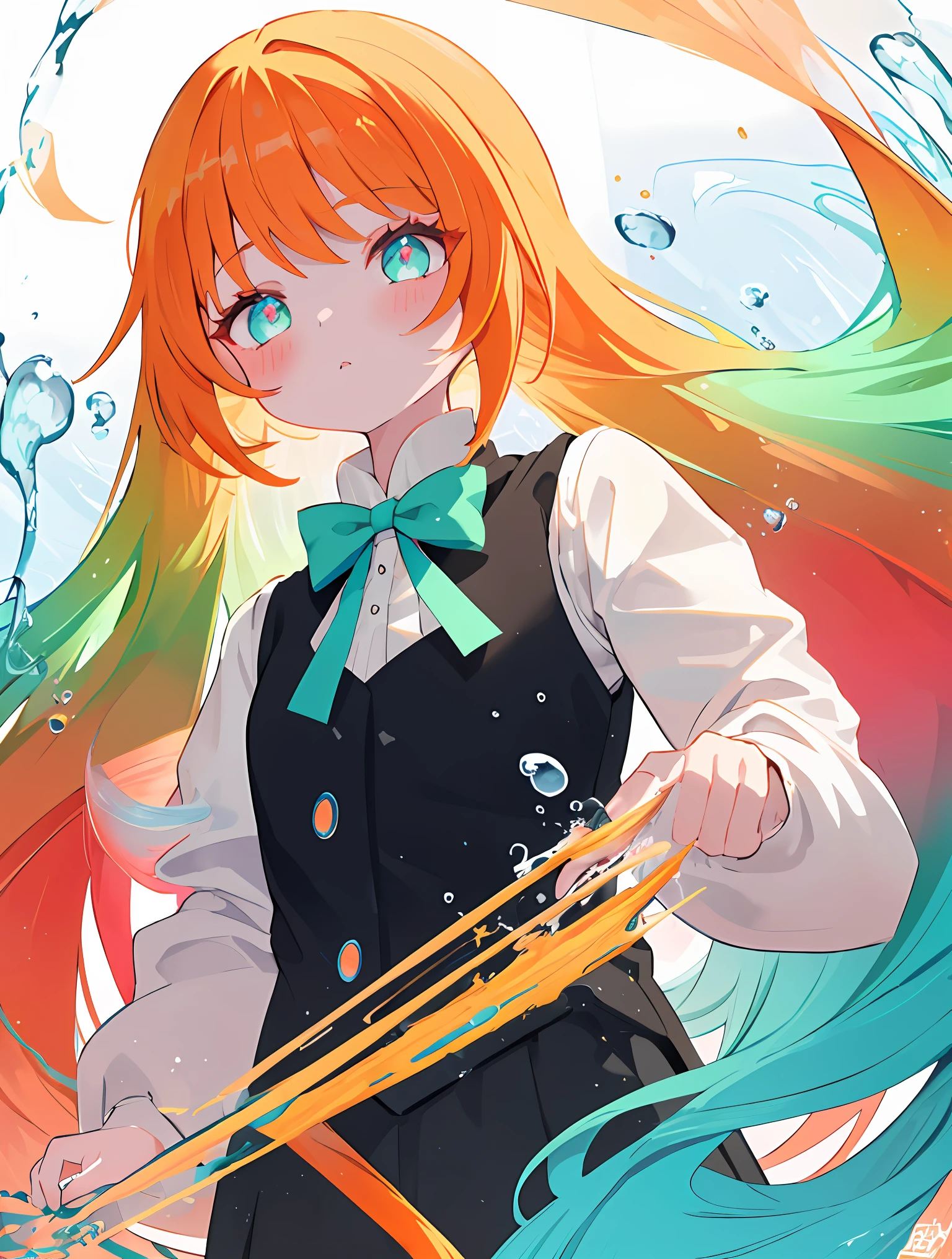 1girl, titan, super long hair, The shirt, vests, Twin-tailed, Water jade bow, Orange gradient hair、((Masterpiece Highest Quality:1.2)), [[Tangled fingers]], [[bad face]], ((Gamine))