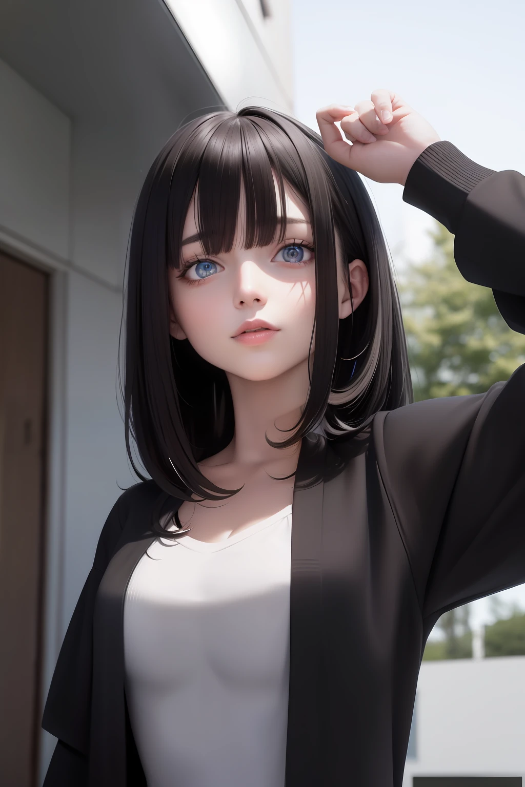 best quality, masterpiece, black hair, blue eyes, looking up, upper body