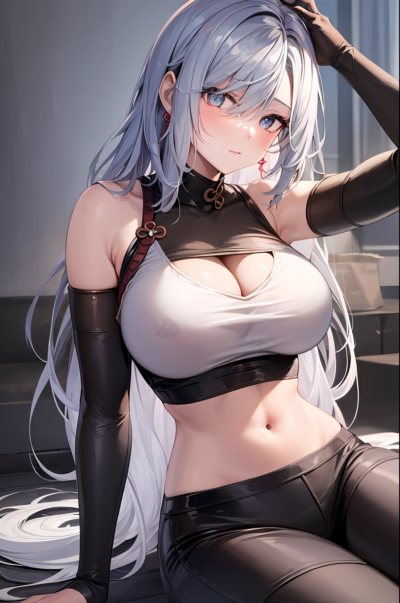 1shenhe, silver hair, large breasts, underwear, in, cleavage, navel, t-shirts, (brachial), skirt, lie, Body, sexy, sitting