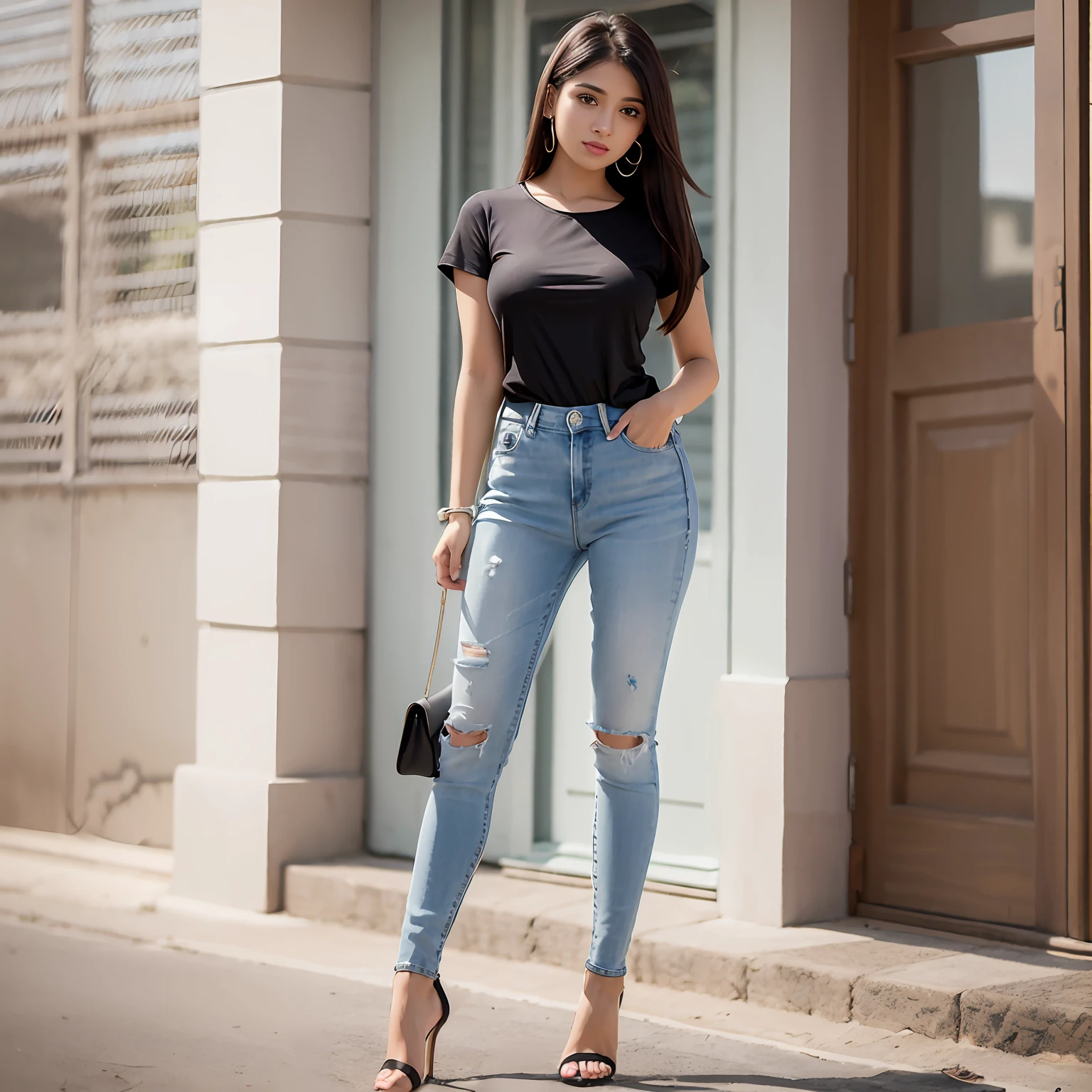 1arab beauty, 23 real Arab beautiful girl, long hair, in basic white tee-shirt, round neck plain Tee-shirt, short sleeves, ice blue skinny jeans, full length jeans, heel's, sweet smile, big boobs, dew point、、、, protrusion point, full body, standing, open long legs, standing, high heels, realistic style, outdoor ,,,,Arab young women, black hair's, detail face, detail eyes, basic tee-shirt