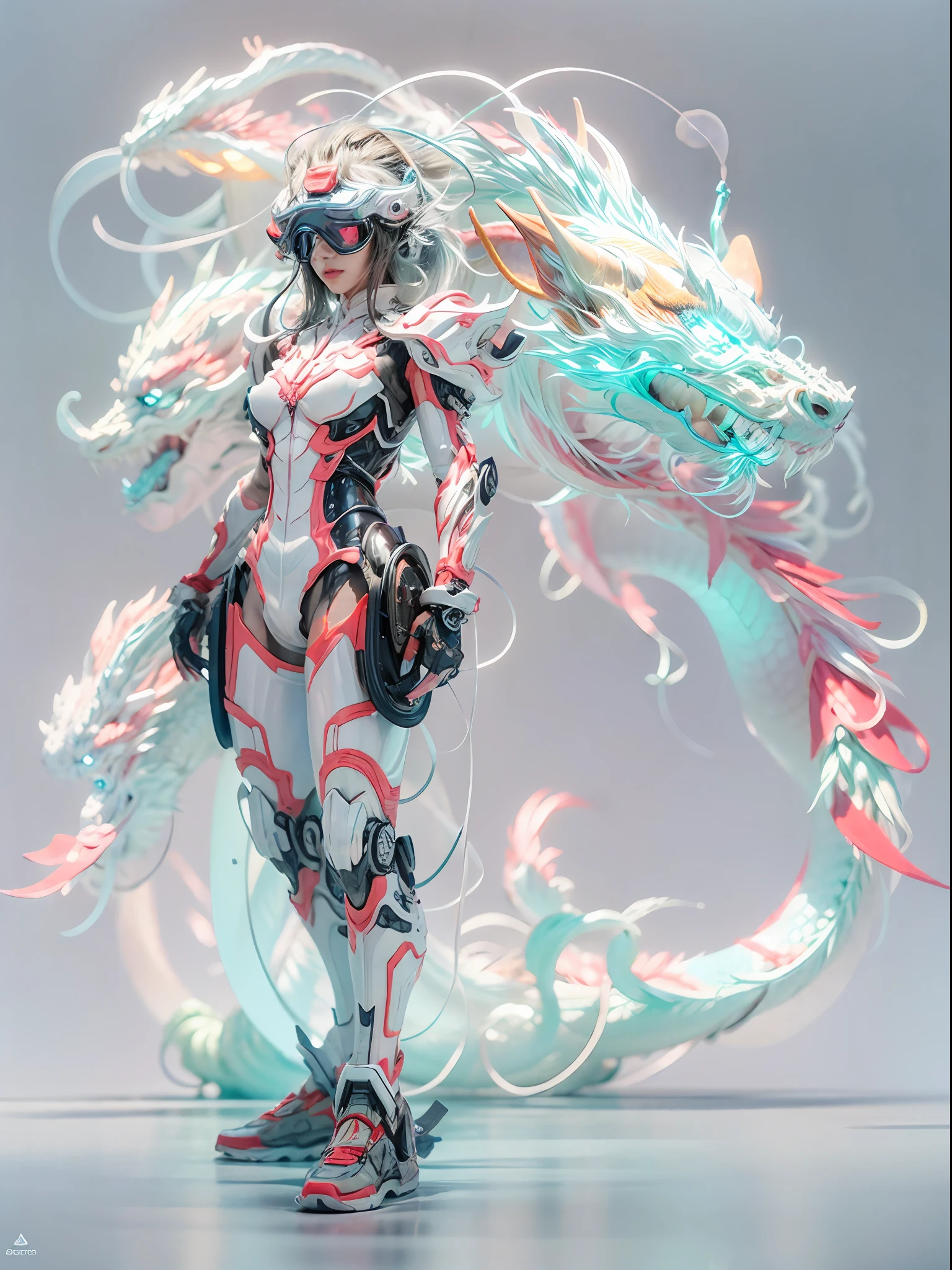 chinesedragon, (blind box toy style:1.2), (Full Body Shot) , 1 Transparent girl,Behind him is a transparent and Chinese dragon, Transparent mecha, Exquisite Helmet:1.2, glowing goggles:1.2, Cyberpunk, Dreamy Glow, Luminous neon lamp, clean, white background, ( Global illumination, raytracing, HDR, unreal render,reasonable design, high detailed, masterpiece, best quality, UHD, Cinematic Lighting)