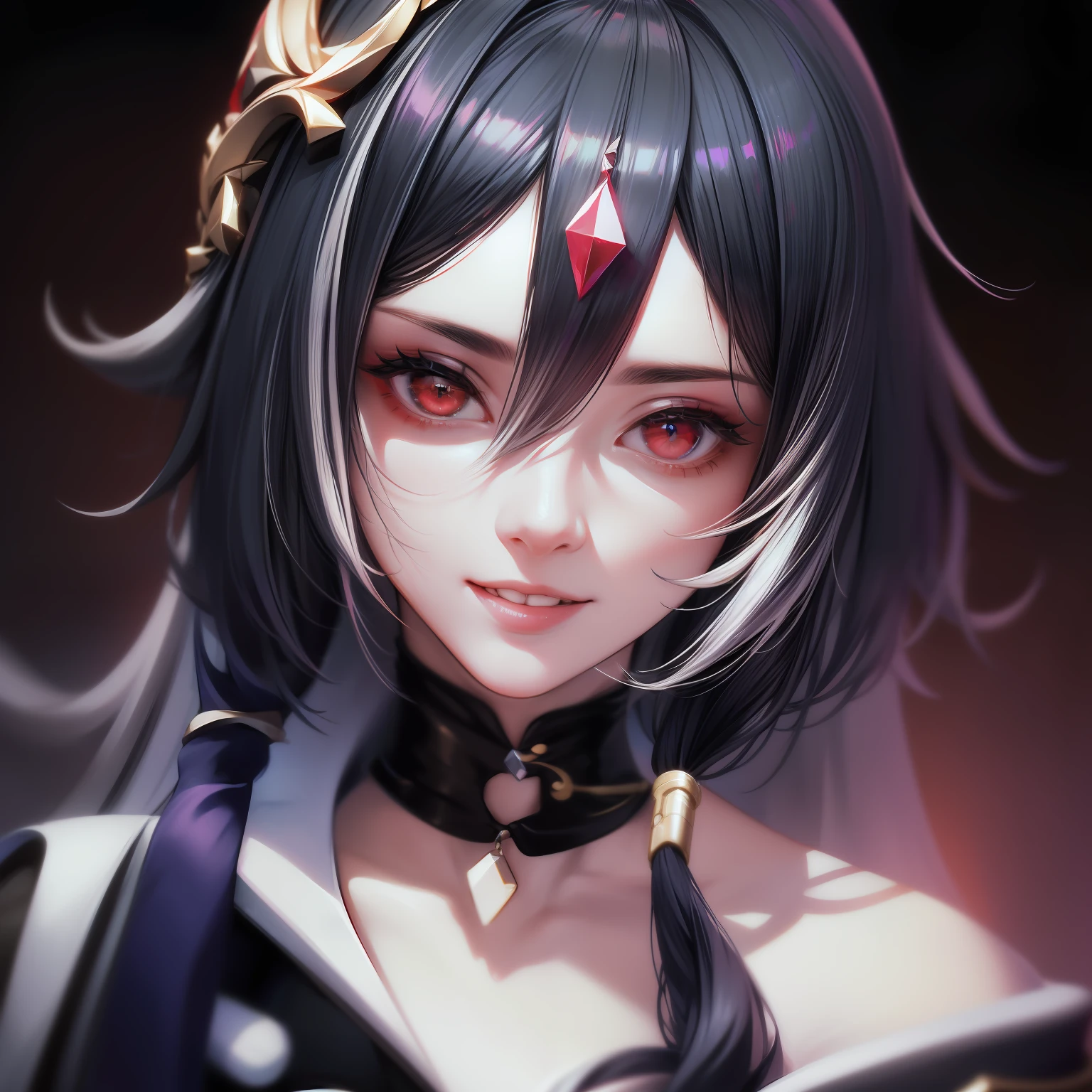 Best quality, Masterpiece, Ultra-detailed, Beautiful, A high resolution, Original,photorealestic,realisticlying, absurderes, Felt, 1girll, Solo, Long_Hair, Looking_at_peeping at the viewer, Smile,A bit obsessive-compulsive, bangs, Nero_Hair, Hair_decorations, Red_Eyes, Hair_between_Eyes, Chinese_clothes, uneven_Sleeves, :D, Simple background, White background, mitts, asymmetrical_Sleeves, Fingerless gloves, High quality, full body detailing, Golden ratio, RAW photo (Short straight black hair) (pale 20-year-old woman, short,head straight-looking at viewer, full bodyesbian, Perfect face, Amazing eyes, Vivid details, (skin with many details), (Dark), aurora, (Backlight: 0.5), Depth of field, Canon 5D, 50mm lens, f/4 aperture, (Super detail), Sharp focus, pastelcolor, 8K, consciousness, 8mm film food, War photography