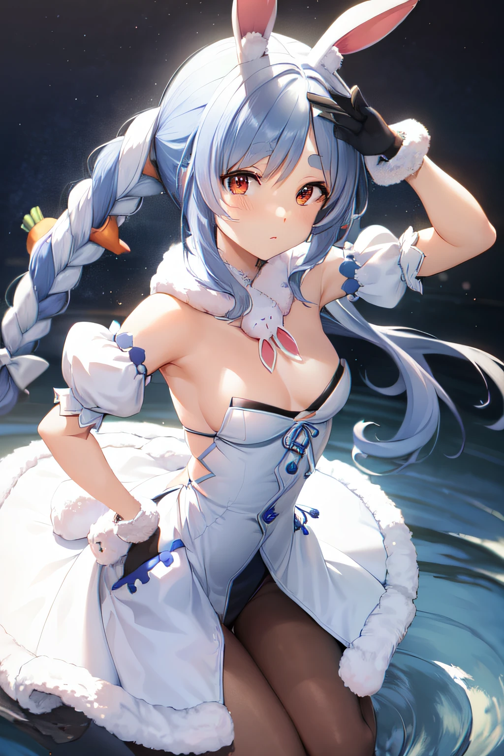 masterpiece,(best quality,topquality,8k)professional light,waterpaint,illustration ,painted,detailed eyes and face,1girl,pekora,cute girl,long hair,blue hair,rabbit ear,white dress,small boobs,cute girl,good contrast , high sharpness,(gorgeous),RAW Photography,(hyperdetailed:1.2)
