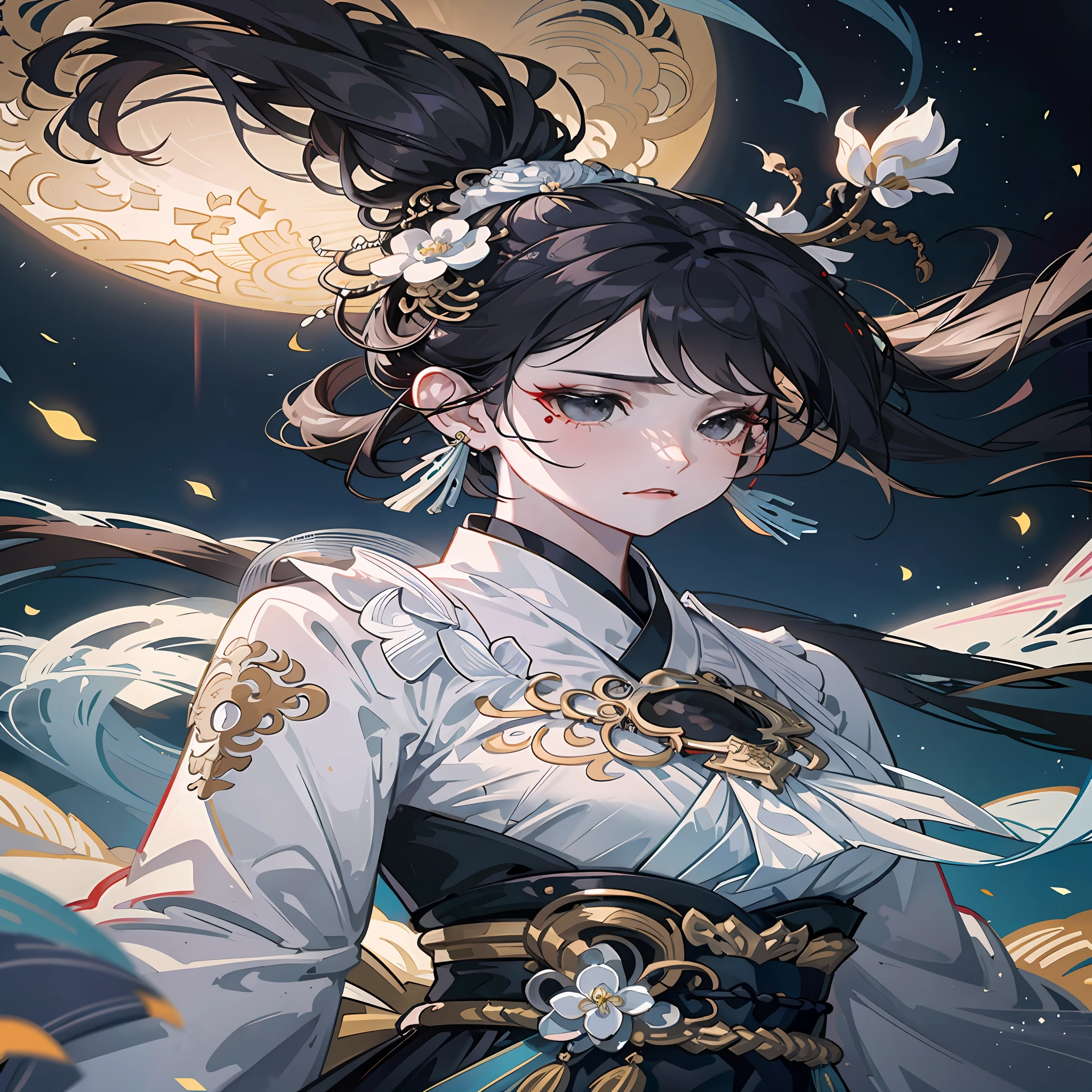 Official art illustration，Kizi ，Black eyes，Black Hair Color，Hairpins，Elaborate Eyes，Intricate red Hanfu，Gorgeous accessories，Complex filigree，Wearing earrings，fov，f/1.8，tmasterpiece，There are ancient Chinese architecture in the background，the night，Positive perspective，Chang'e，Side lighting，Moonlight shines on people，8K，Hazy，The tavern reclined，Drink with a wine jug in hand，