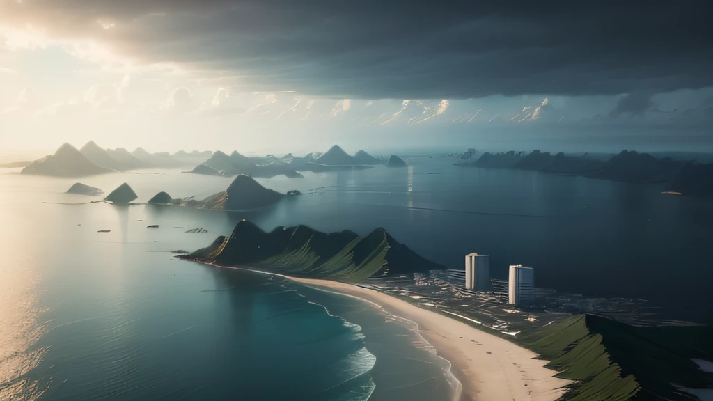 A vast expanse of sea，An island，Heavy rain is coming，It shows a sense of loneliness，Sad picture