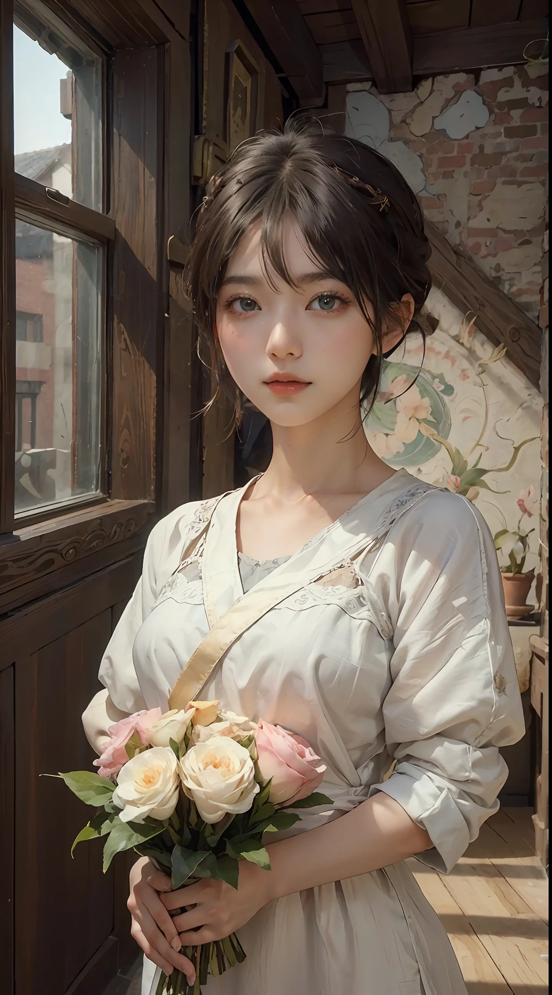 (RAW Photography、top-quality)、(realisitic、Photorealsitic:1.3)、top-quality、high-detail、masterpiece、ultra-detailliert、illustratio、1girl、((very_short_hair))、dynamic ungle、world masterpiece theater、((Regular_hairstyle))、top-quality、the Extremely Detailed CG Unity 8K Wallpapers、inky、magnifica、电影灯光、lens_flare、dunhuang_style、Beautiful brick wall、vases、Hotels in London