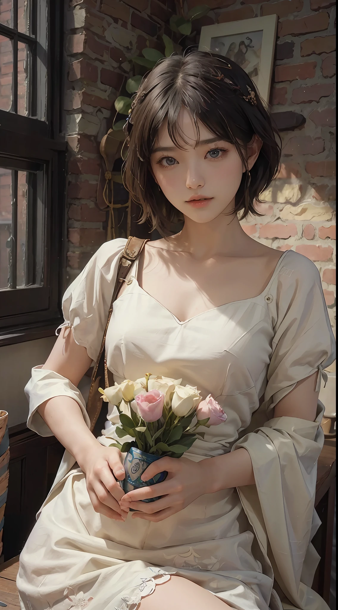 (RAW Photography、top-quality)、(realisitic、Photorealsitic:1.3)、top-quality、high-detail、masterpiece、ultra-detailliert、illustratio、1girl、((very_short_hair))、dynamic ungle、world masterpiece theater、((Regular_hairstyle))、top-quality、the Extremely Detailed CG Unity 8K Wallpapers、inky、magnifica、电影灯光、lens_flare、dunhuang_style、Beautiful brick wall、vases、Hotels in London