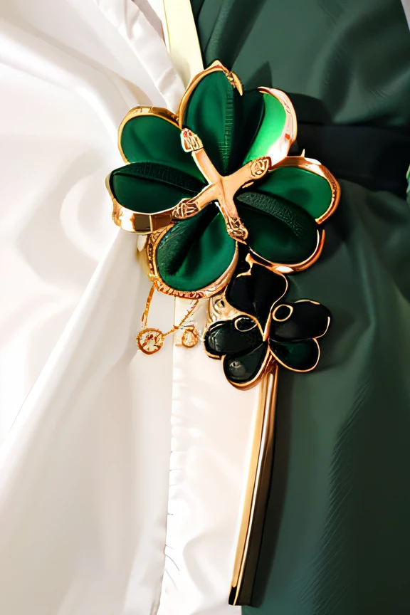 On a white plate is a green and black clover brooch, four-leaf clover, van cleef & arpels style, 2 0 2 0, 2020, 2021, 2 0 2 1, 2 0 2 0 fashion, trick, 2 0 2 2, Middle Metaverse, 2022, Clover