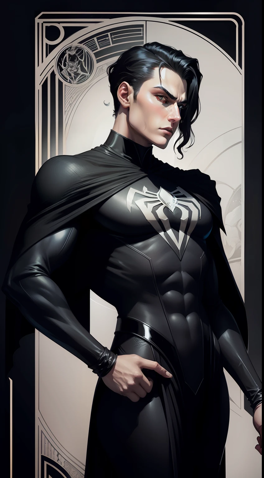 "Art Deco-inspired line art of Black-suited gothic Spiderman as a tarot card"