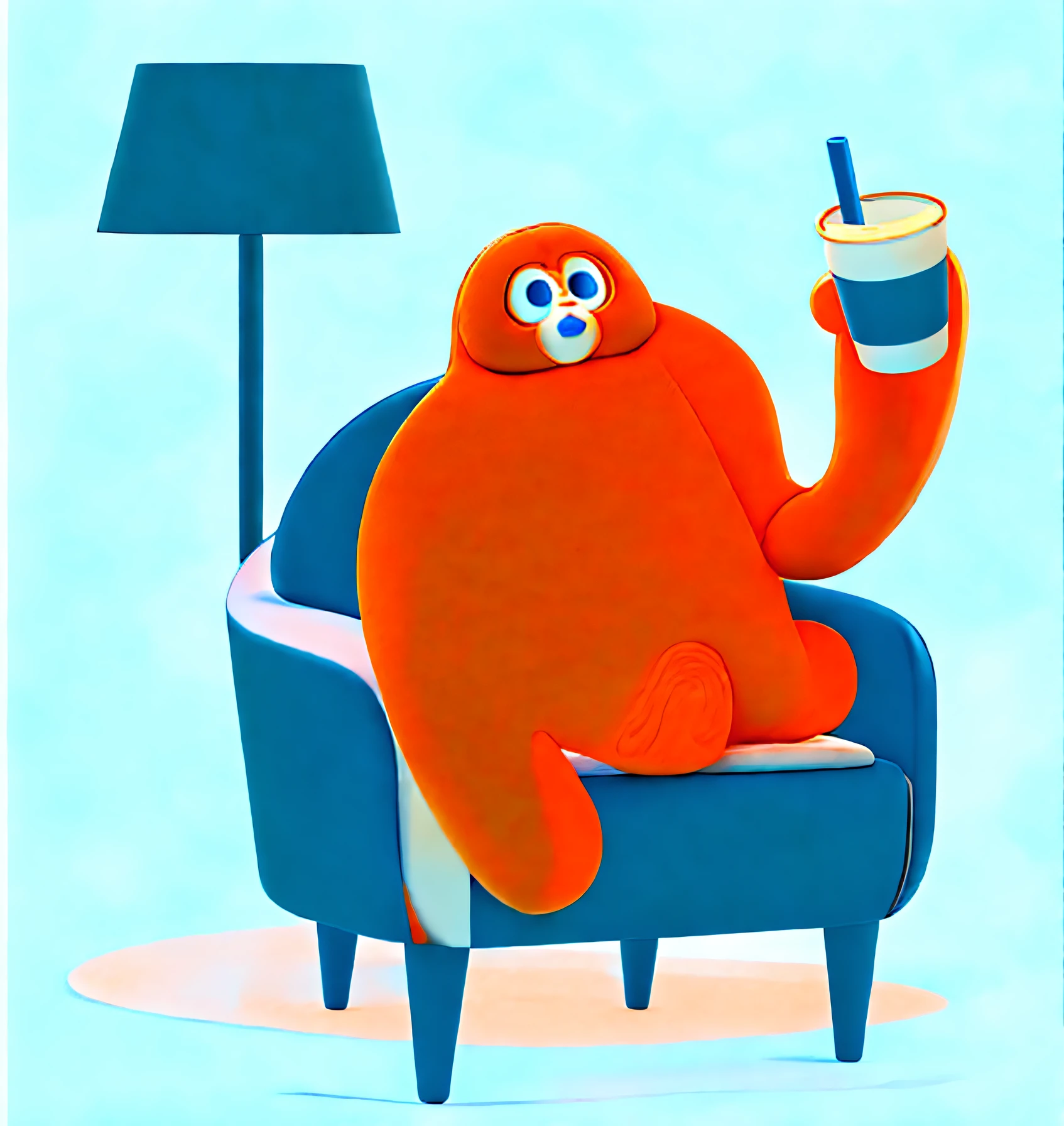 All born orange funny gibbon mascot IP,Small black eyes,Fish-shaped mouth,Pouting and spitting bubbles,Sit on the blue sofa and drink coffee,Ge You lay down,Coffee in your left hand,Floor lamp next to it,The gibbon mascot is orange all over,Non-human characters,