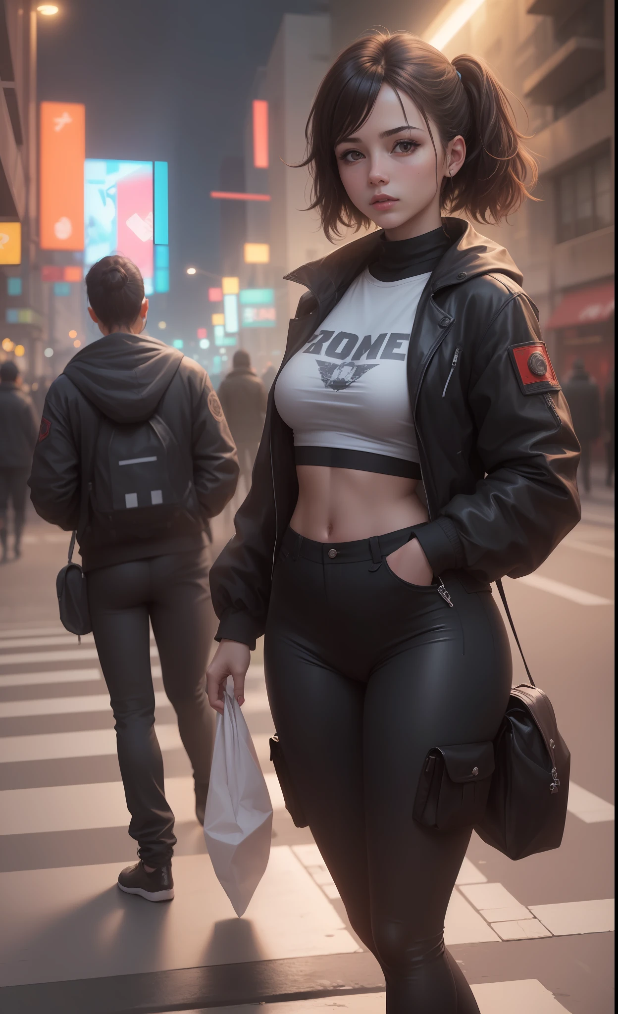 A girl walking on a cyberpunk street looking into the camera, volumetric lighting BREAK (obra-prima: 1.2), (melhor qualidade), 4k, ultradetalhado , (dynamic compositing: 1.4), detalhes coloridos altamente detalhados (cores iridescentes: 1.2), (bright illumination, Atmospheric Illumination) (melhor qualidade), (realista,fotorrealista:1,37), (obra prima), female, menina solo, linda garota, middlebreasts, top vermelho, black legging pants, Cabelo branco, pele escura, Olhos vermelhos, hands in a pocket, jaqueta de couro