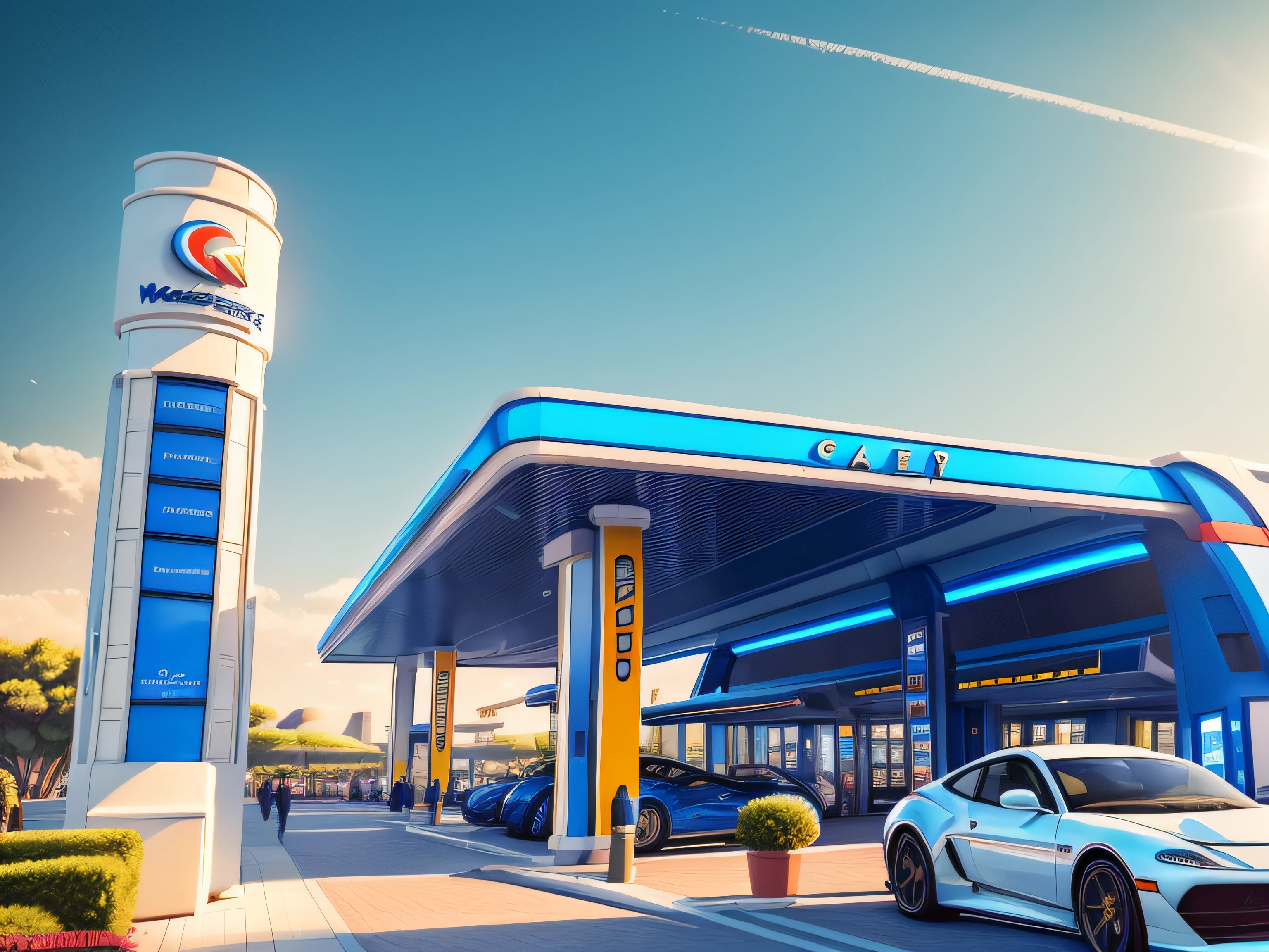 ((Masterpiece, Best quality)), 8K,gasstation,Canopy,pillar, modern architectural style, The color is bright,space,Space elements,epcot,photographrealistic, hyperedetailed photo, Clean skies, Lots of cars,lots of people,The atmosphere is lively,Ruined city, cyber punk perssonage, Sateen