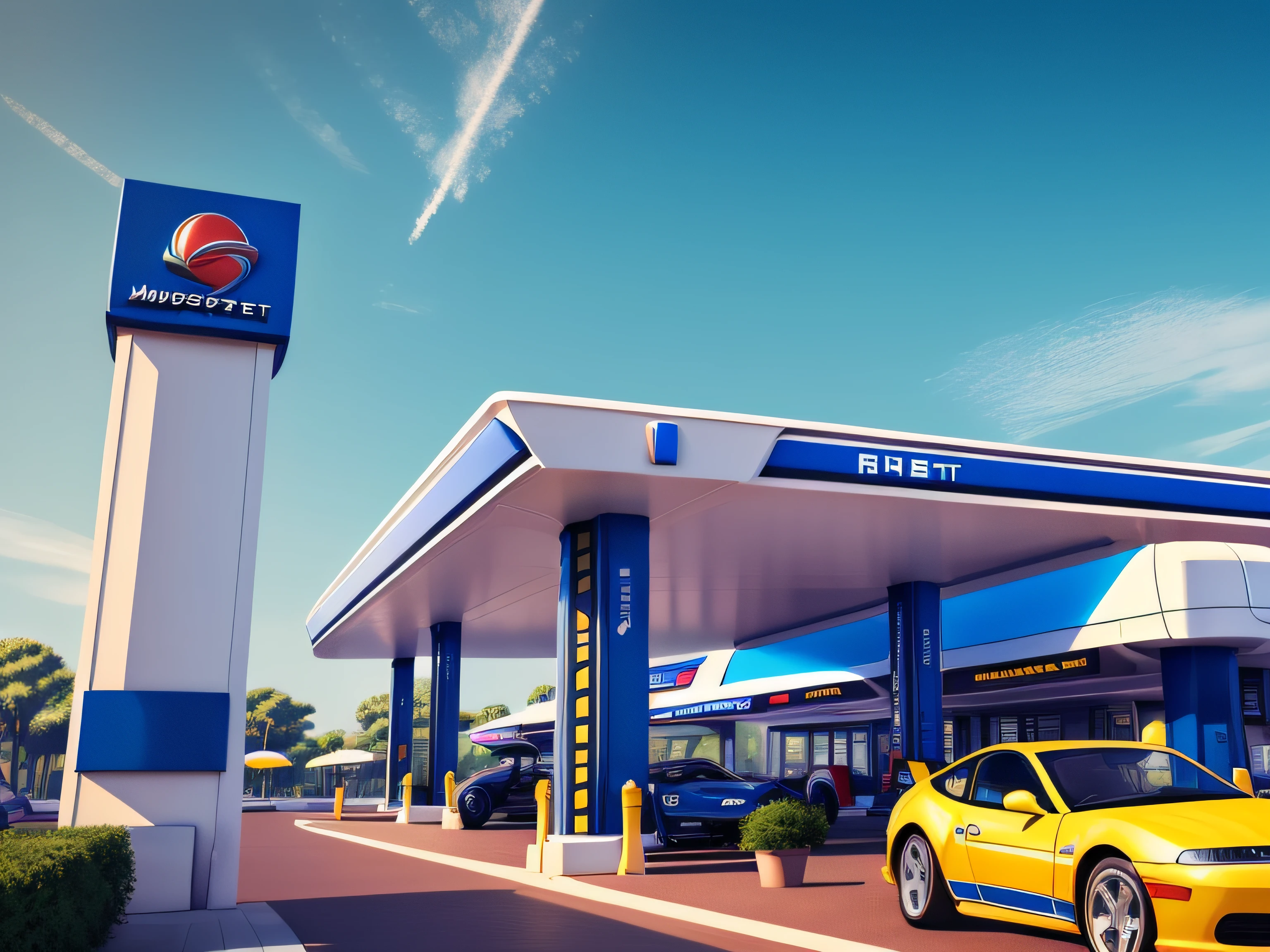 ((Masterpiece, Best quality)), 8K,gasstation,Canopy,pillar, modern architectural style, The color is bright,space,Space elements,epcot,photographrealistic, hyperedetailed photo, Clean skies, Lots of cars,lots of people,The atmosphere is lively,Ruined city, cyber punk perssonage, Sateen
