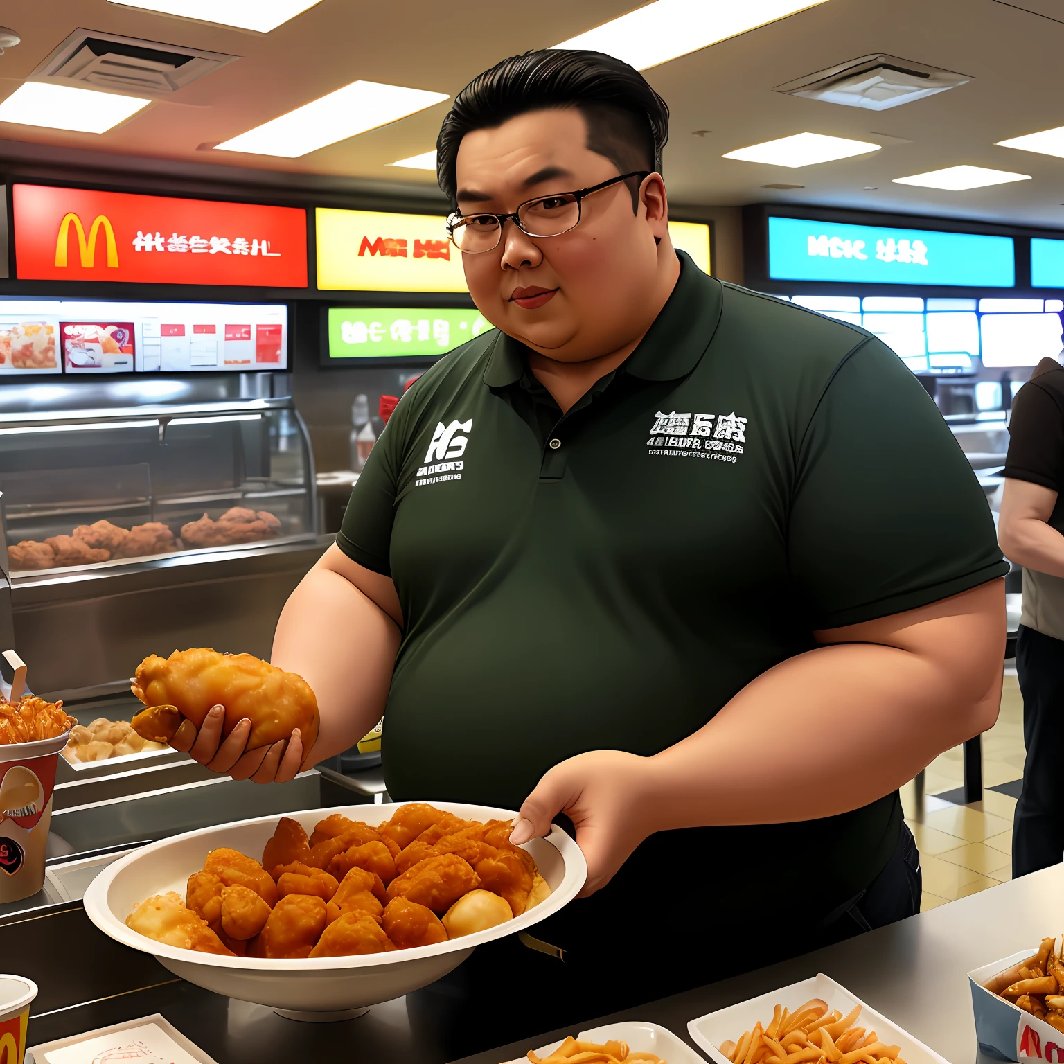 (Greasy talent:1.5)，mcdonalds，(Chubby arms:1.3)，McDonald's cashier 8k portrait，Intricate，elegant，highly-detailing，Majestic，Digital photography，By Artgerm、Ruan Jia and Greg Rutkowski presented art，(Masterpiece-grade，Attractive side lighting，美丽细致的眼睛:1.2)，hdr，Handheld fried chicken。