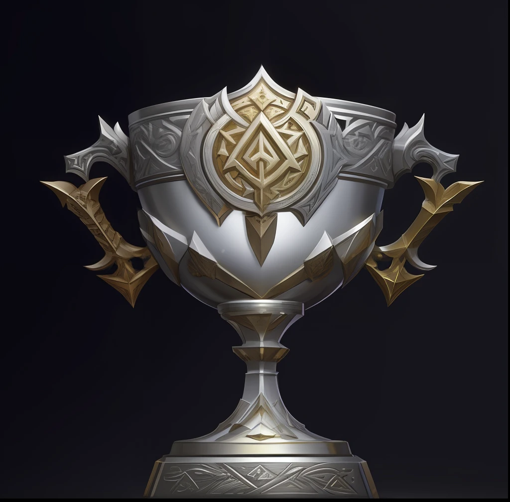 Close-up trophies with swords, league of legends champion, There are golden runes on it, the sacred cup of understading, polycount contest winner, award winning picture, award winning on artstation, cgsociety award, cgsociety award, picture of the year award, overturned chalice, Contest, zbrush contest winner, Gold badge，light particules，