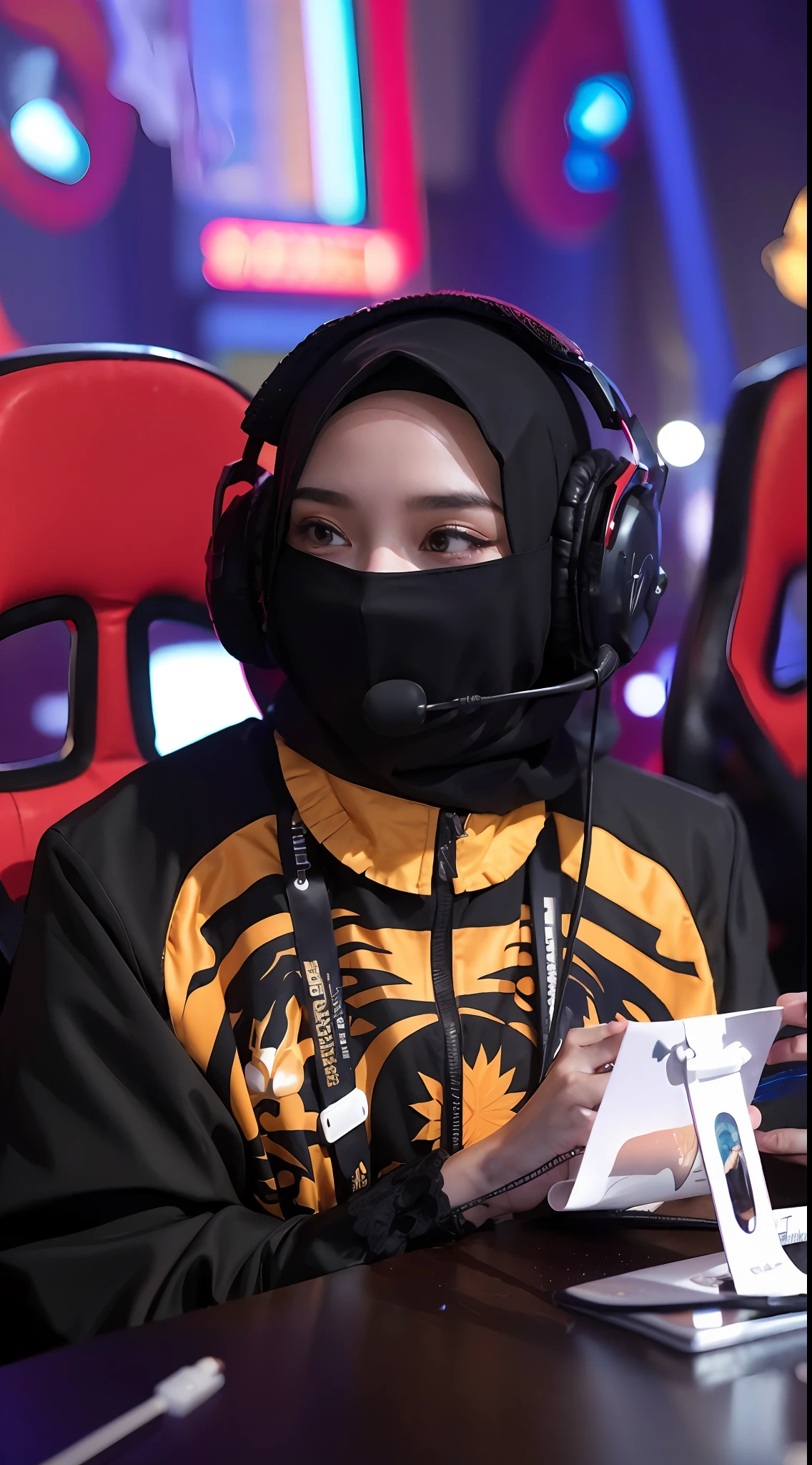 (masterpiece:1.2), (best quality), realistic, (real picture, intricate details, depth of field), (1girl, solo), 21 year old girl, half body photo, candid poses, glance right, no make up, highly-detailed, perfect face, (skindentation), (A young girl wearing full hijab, Islamic clothes), black closed clothes, muslim clothing, using a mask, use headphones