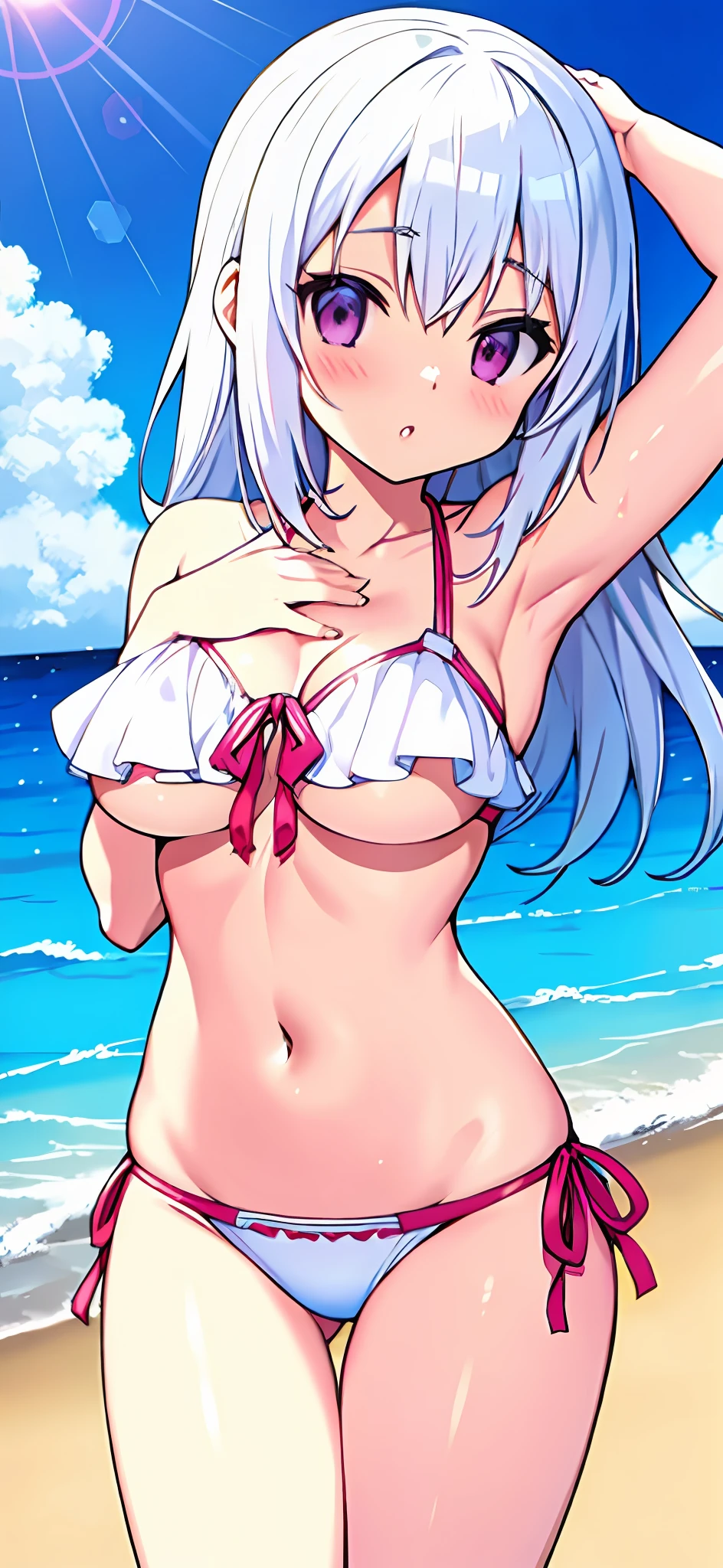 anime girl in a bikini posing on the beach with her hands on her head, author:Kentaro Miura, swimsuit, White-haired god, sie boob, full bodyesbian:: Sunny weather::, flat anime style shading, author:New Art, Sexy :8, White bikini, in beach, Very detailed!!, by Kamagurka, Attire: Bikini