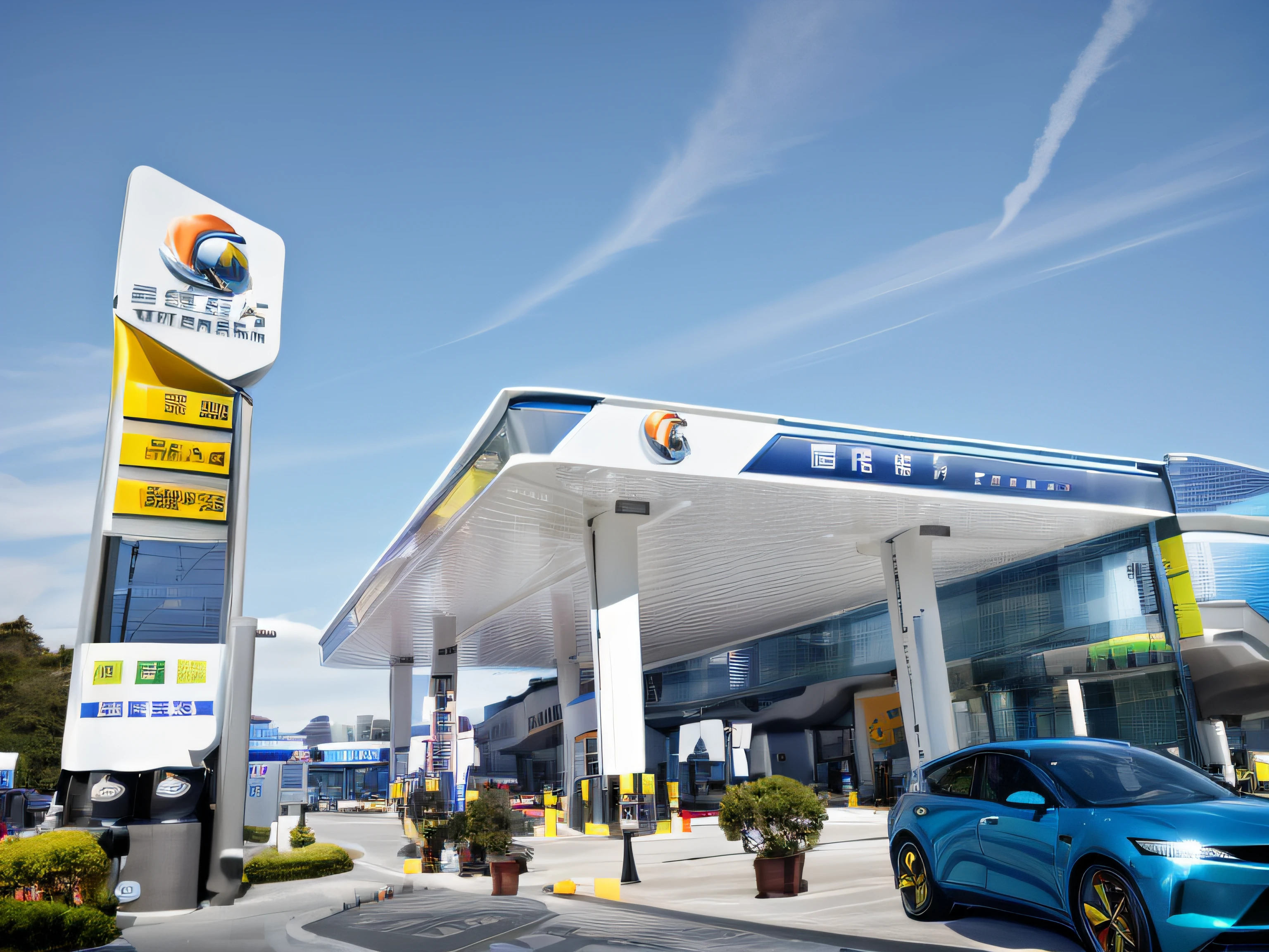 ((Masterpiece, Best quality)), 8K,gasstation,Canopy,pillar, modern architectural style, The color is bright,Space elements,epcot,photographrealistic, hyperedetailed photo, Clean skies, Lots of cars,lots of people,The atmosphere is lively,城市, cyber punk perssonage