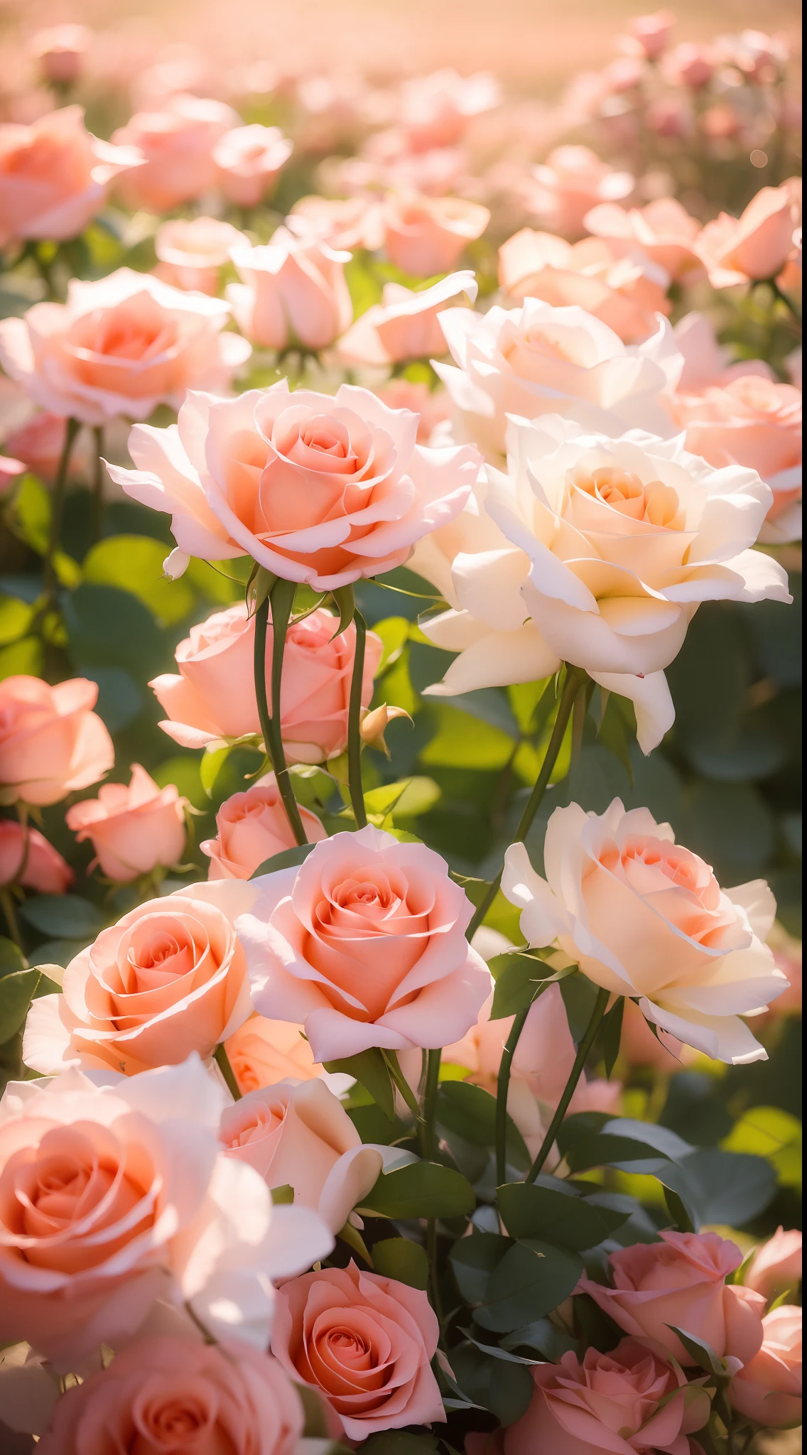 Many pink roses grow in the garden, roses in cinematic light, pastel roses, crown of peach roses, rose twining, crown of mechanical peach roses, Rozen Maiden, soft flowers, in shades of peach, with soft pink colors, a few roses, Rose, Soft glow, melanchonic rose soft light, rosette, light pink tonalities