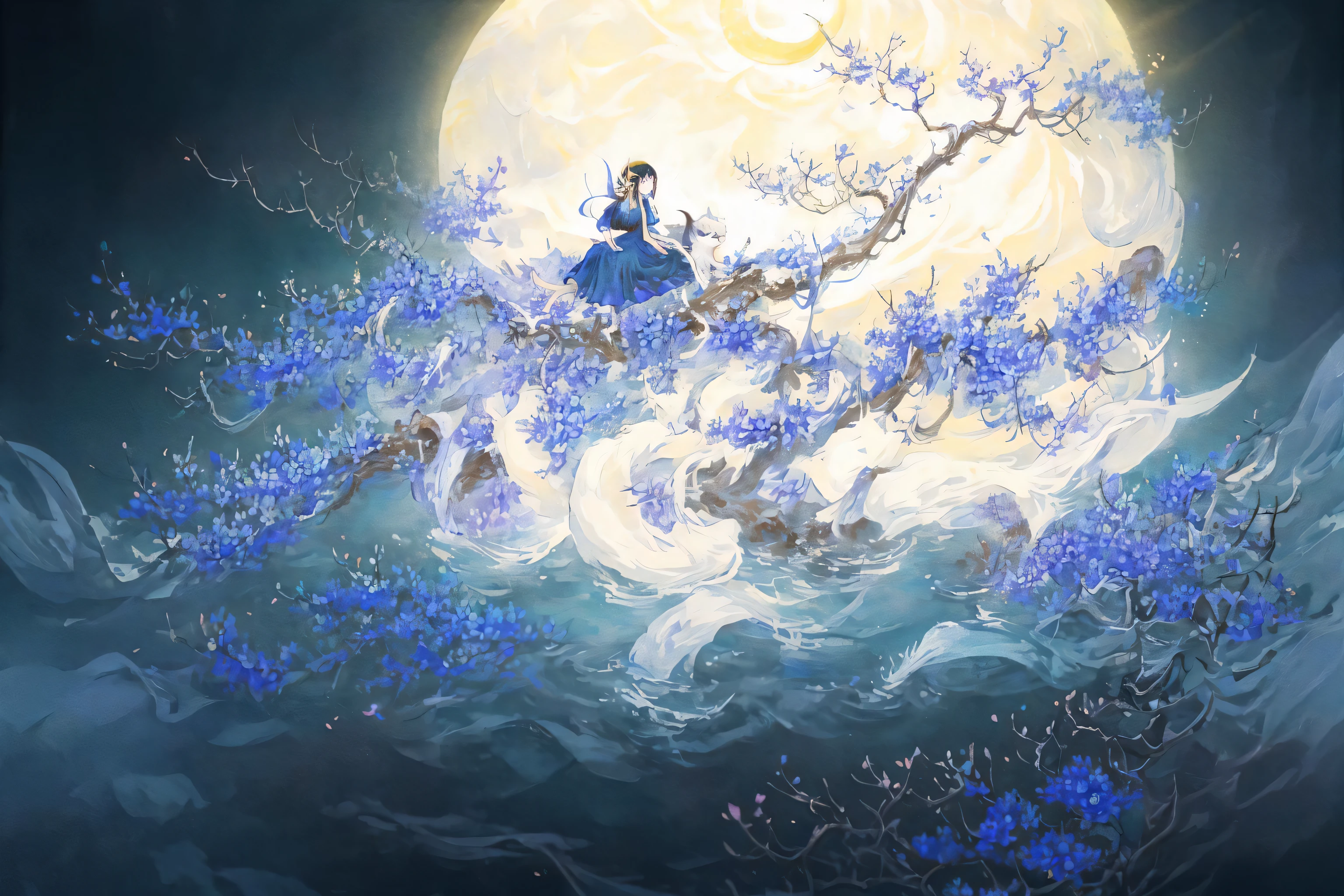 shanze, 1girl, flower, dress, long hair, solo, blue dress, moon, hair ornament, sitting, black hair, water, night, branch,
high quality,