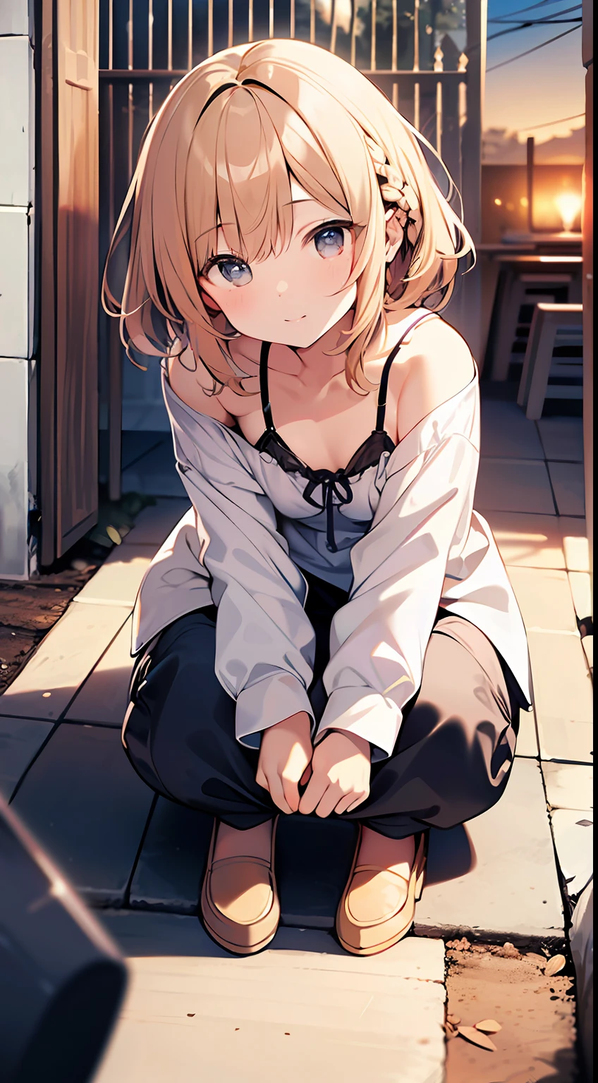 (top-quality、32K image quality、masterpiece、nffsw:1.2)、a cute 、Medium short hair、short braiding、beauitful face、Ultra-detailed details、(Slouched:1.3)、at the sunset、(With the dog)、crouching down、(From above:1.3)、(a closeup:1.4)、small curvy loliou can see the chest))、Bust Up Perspective、Loose baggy big shirt、(beautiful nipple slips:0.9)、outside of house、the wind、shinny skin、blurry backround