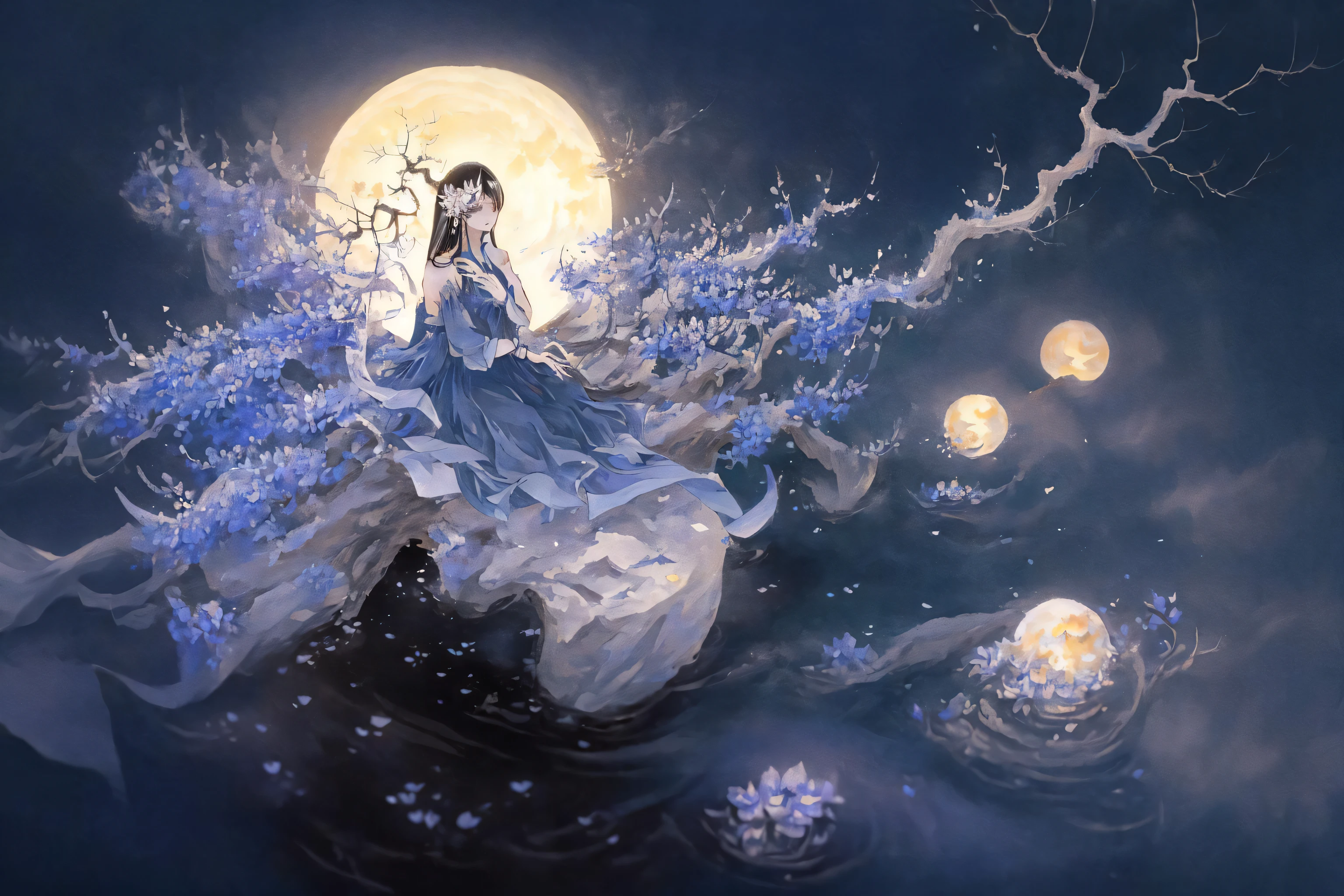 shanze, 1girl, flower, dress, long hair, solo, blue dress, moon, hair ornament, sitting, black hair, water, night, branch,
high quality,