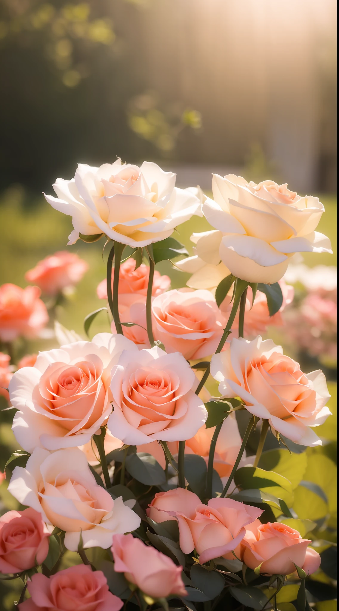 Many pink roses grow in the garden, roses in cinematic light, pastel roses, crown of peach roses, rose twining, crown of mechanical peach roses, Rozen Maiden, soft flowers, in shades of peach, with soft pink colors, a few roses, Rose, Soft glow, melanchonic rose soft light, rosette, light pink tonalities