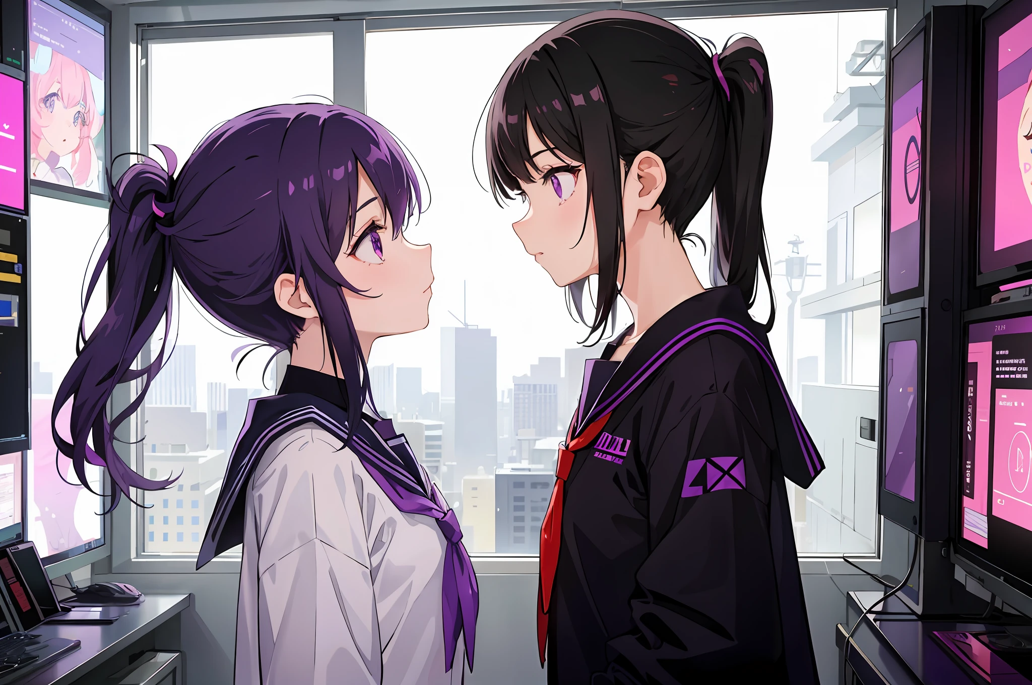 2girl, one is a girl with black hair in a ponytail and a sailor suit with purple eyes, the other is a short girl with black hair in a side ponytail and purple eyes in a sailor suit, (two girls are looking at each other, eye contact, face-to-face), purple cyberpunk landscape, room with many monitor, room with big windows, purple fluorescent light