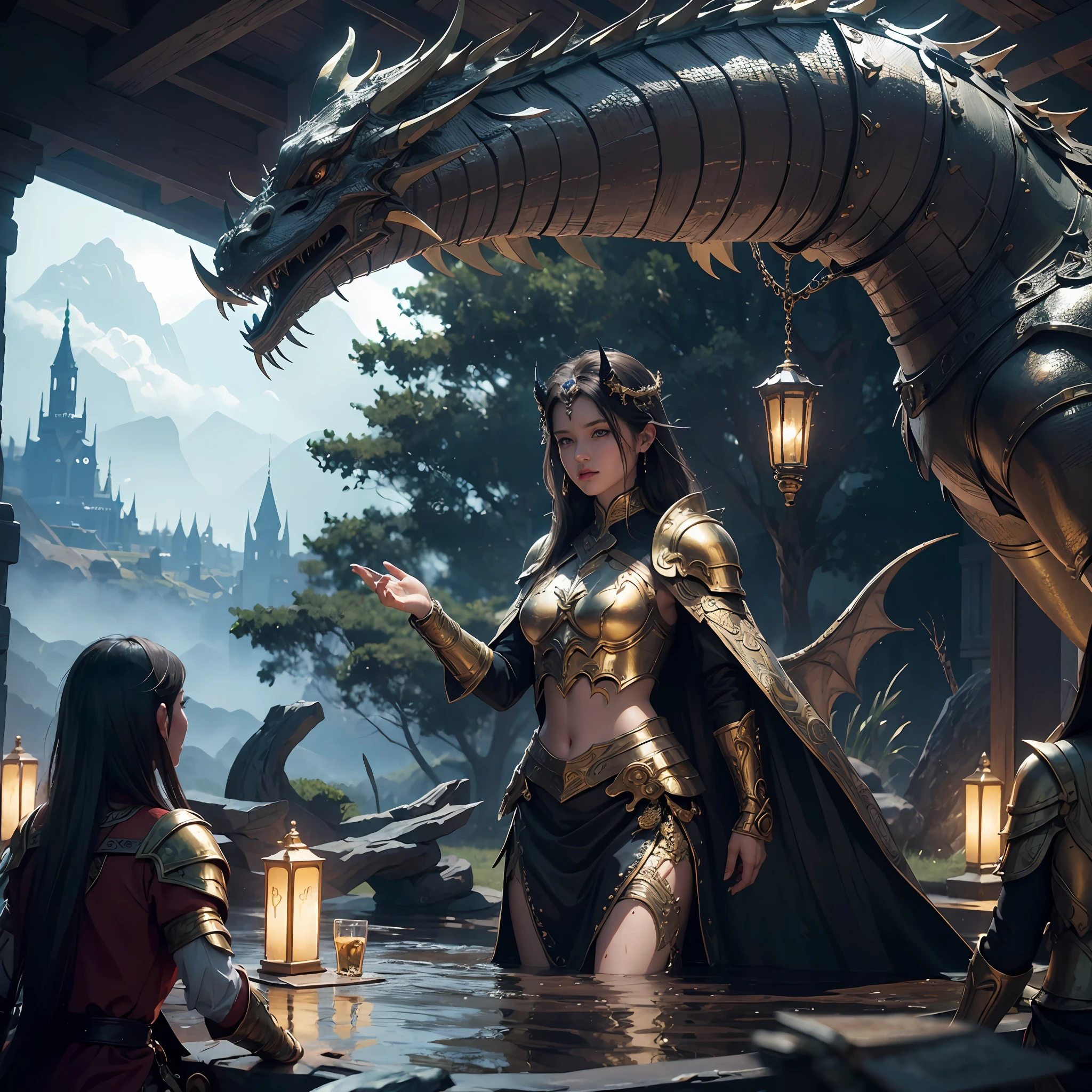 golden dragon, old, (intense details, dnd art, masterpiece), intense blue eyes, small horns, standing near a fantasy castle and lake, a human rider standing near the dragon, epic paladin, divine warrior, RPG paladin, (1.4 intricate details, Masterpiece, best quality), backlight, clouds, in the background, serious, realism, high detail, depth of field, cinematic lighting, reflection light, drop shadow, atmospheric perspective, Op art, UHD, masterpiece, high quality, high detail
