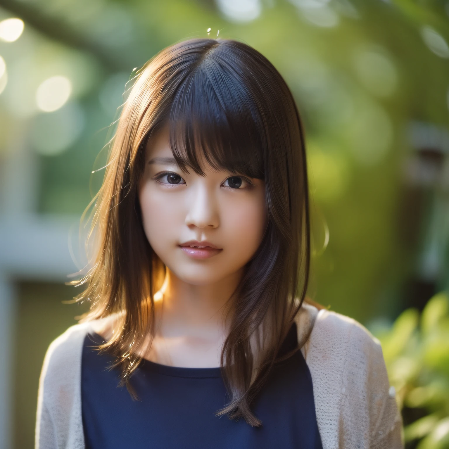 OL, hposing Gravure Idol, (in 8K、Raw photography、top-quality、masterpiece:1.2)、(realisitic、Photorealsitic:1.37)、ultra-detailliert、超A high resolution、女の子1人、see the beholder、beautifull detailed face、Smiling smile、Constriction、(Slim waist) :1.3)、The shirt、Beautiful detailed skin、Skin Texture、floated hair、profetional lighting、a park