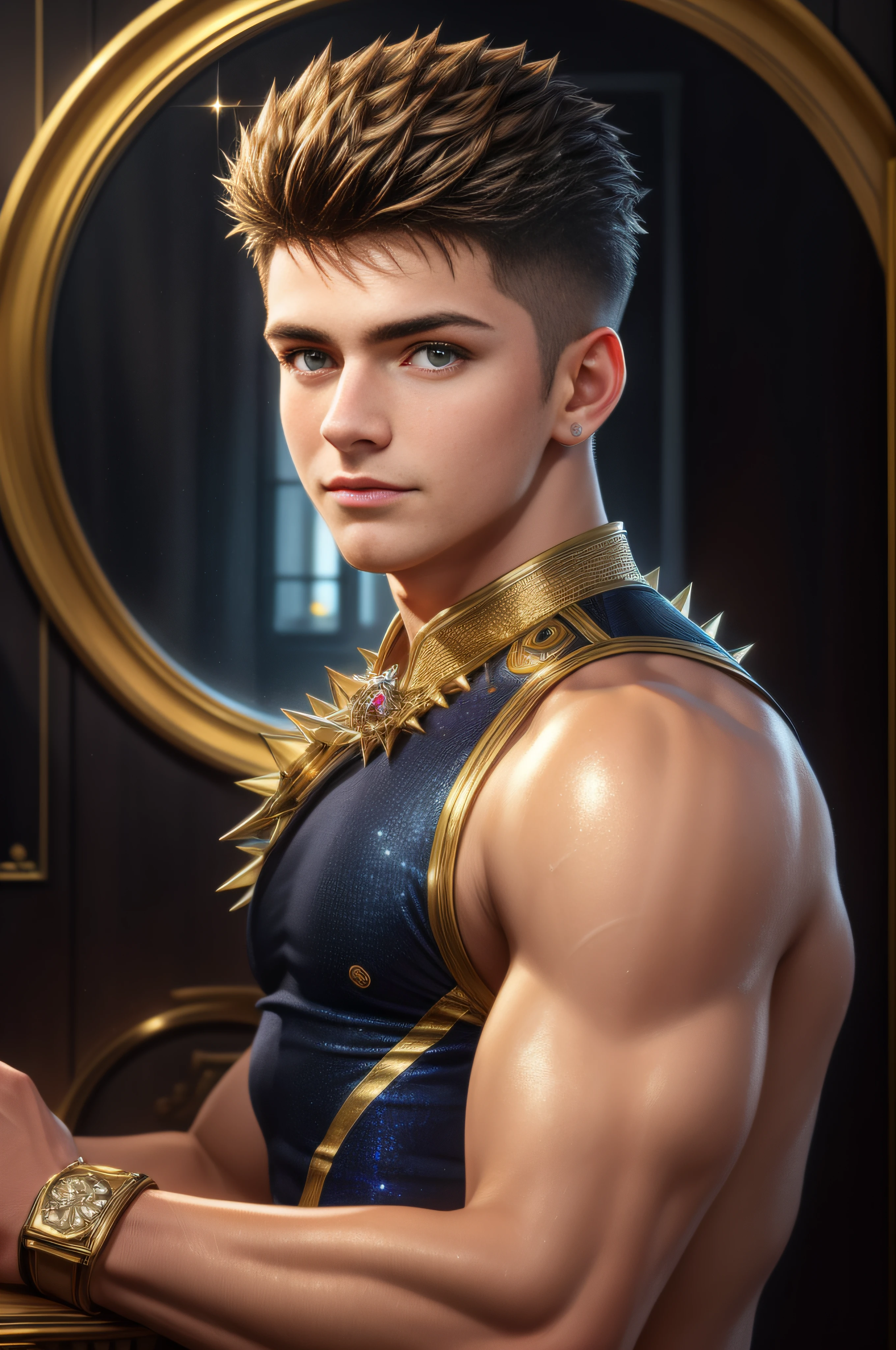 (Masterpiece, Best quality:1.2), 8K, insanely details, Intricate details, ultra - detailed, hyper qualit, High detail, Ultra detailed, professional, hdr, Realistic, ray-traced reflection, Detailed skin, Detailed beautiful eyes, offcial art, Short spiked hair, 1boy, Cute, God, Cinematic lighting, opulent, (glitters, dourados cintilantes:1.2), decorations, Diamond, Head shot, Sexy, Handsome,