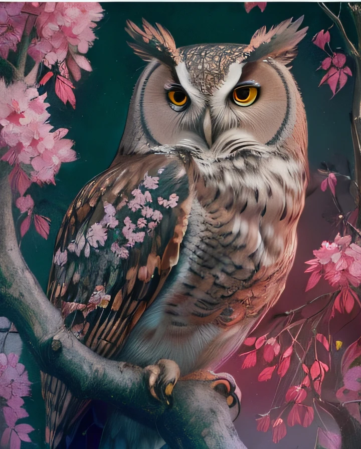 Draw an owl sitting on a flowering branch, detailed beautiful animals, radiant owl, beautiful art, Magnificent Art, highly detailed digital artwork, 4 k highly detailed art, high detailed art, glowing owl, high detal), 8K high quality detailed art, highly detailed 4 k art, Detailed art, overdetailed art, Highly detailed digital art