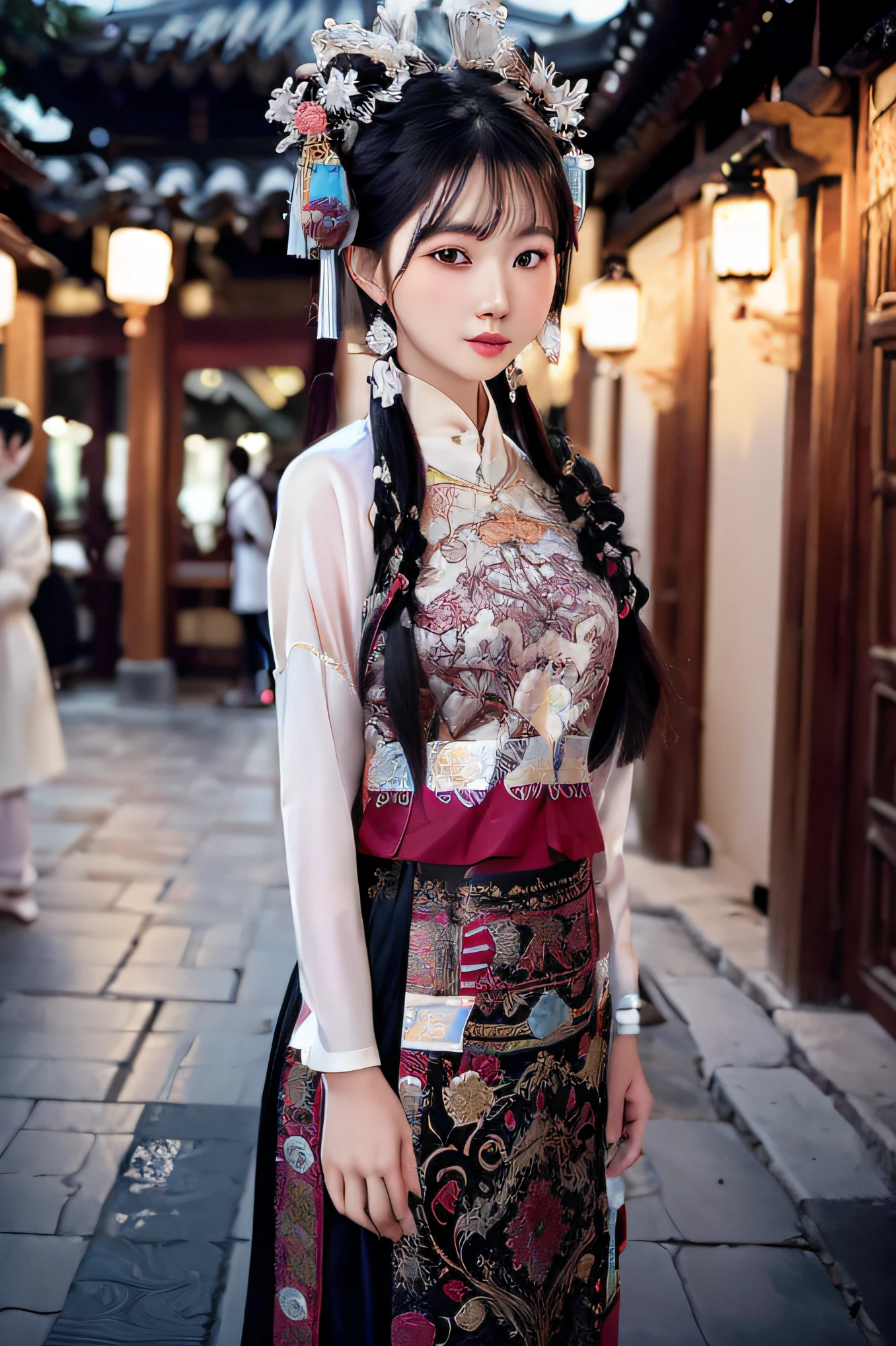 An Asian woman in traditional dress stands in a hallway, Traditional beauty, wearing an elegant tribal outfit, Chinese traditional, Chinese girl, Chinese woman, Traditional Chinese clothing, Chinese style, clothed in ancient street wear, Chinese dress, traditionalcostumes, Inspired by Dai Xi, Chinese costume, traditional garb, gorgeous chinese models, traditional tai costume