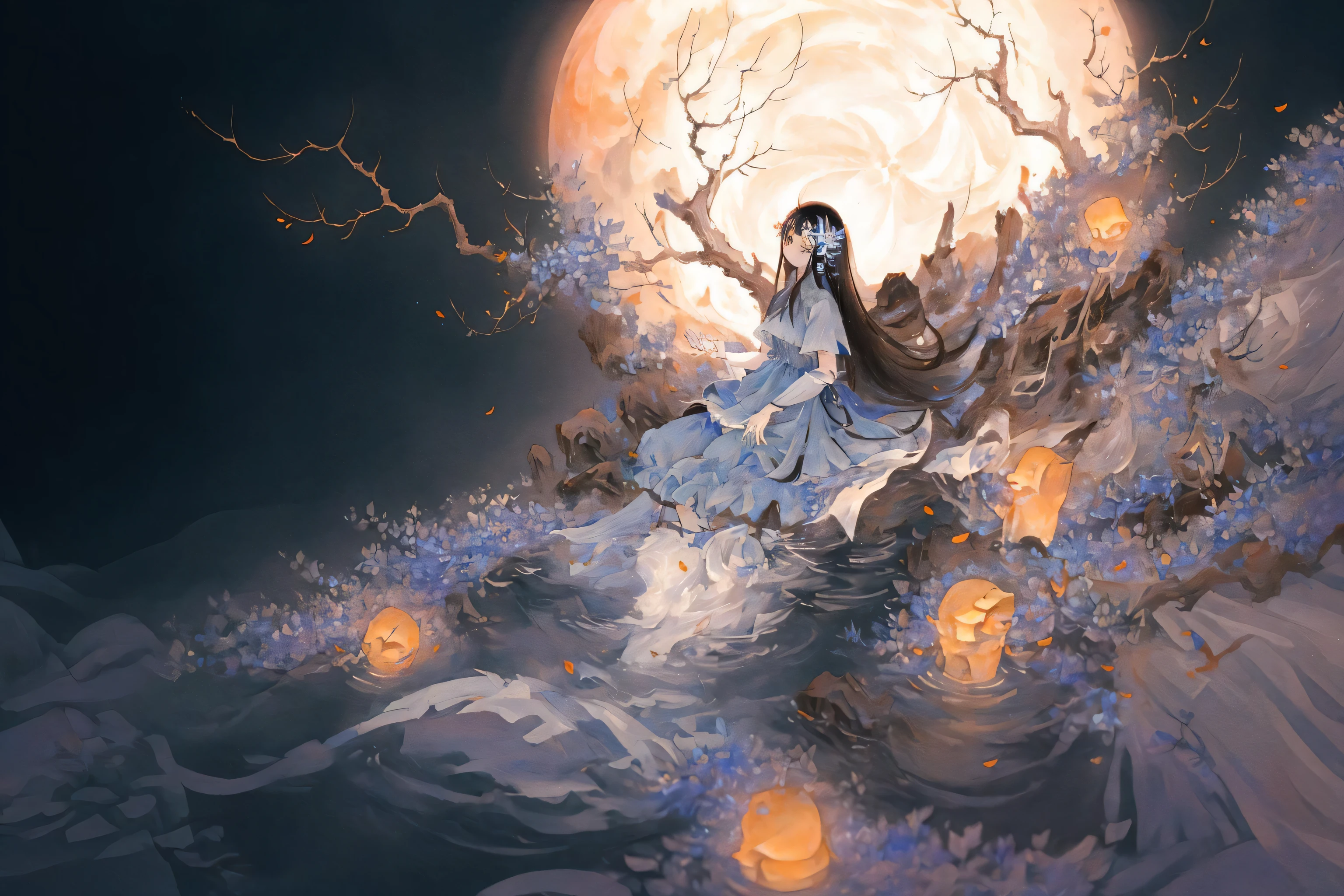 shanze, 1girl, flower, dress, long hair, solo, blue dress, moon, hair ornament, sitting, black hair, water, night, branch,
high quality,
