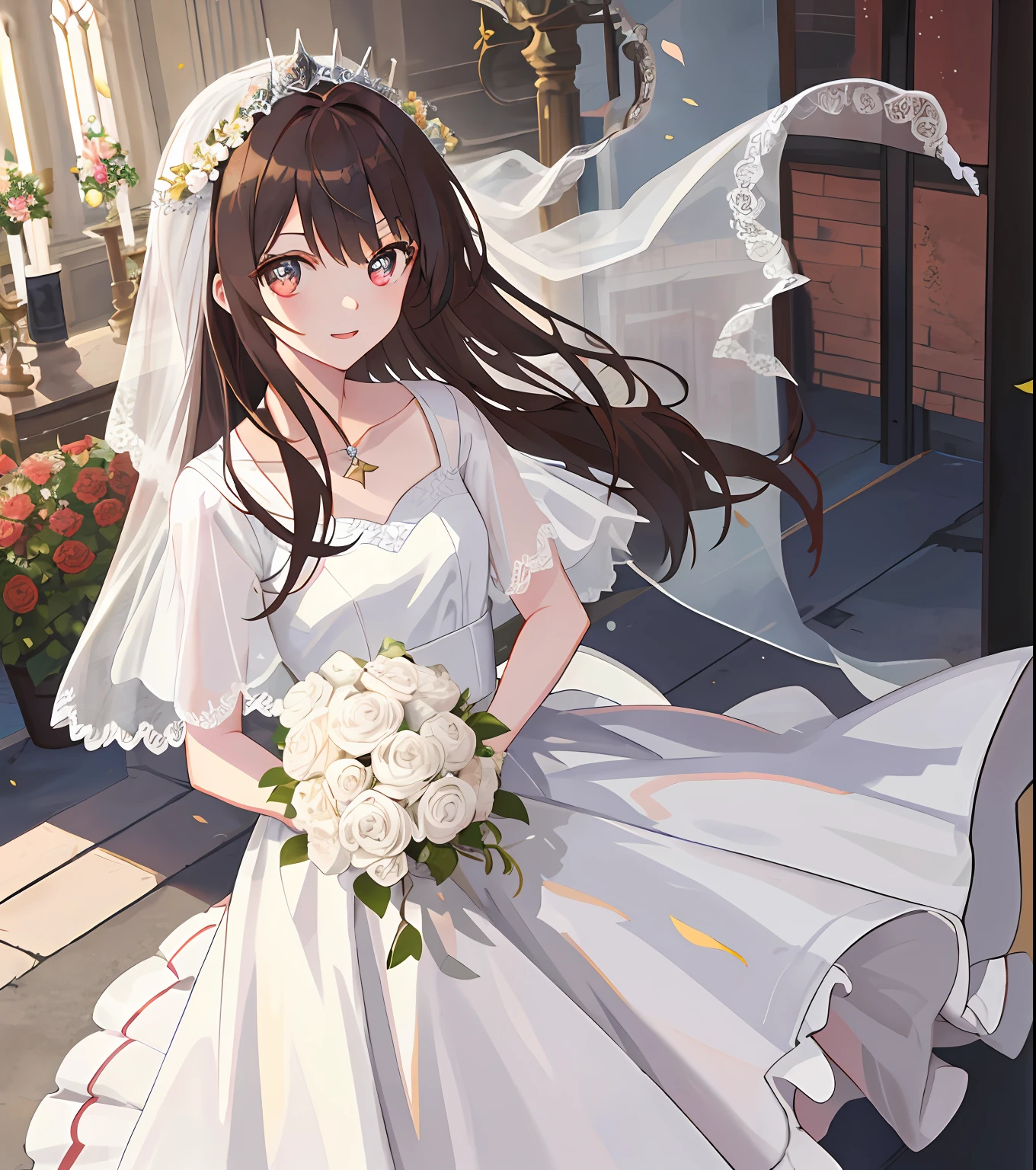 Masterpiece quality，The best quality assurance。A brown hair、Cute girl with golden eyes。Tsundere，Wear a short skirt，Exudes magic，With a rose headdress，Long hair flutters in the wind，Naughty，adolable，devil horns，In the daytime，divino，white church，Holy Church，Holding a bouquet of flowers，Wearing a snow-white wedding dress，Veil，freshen，bride，having fun