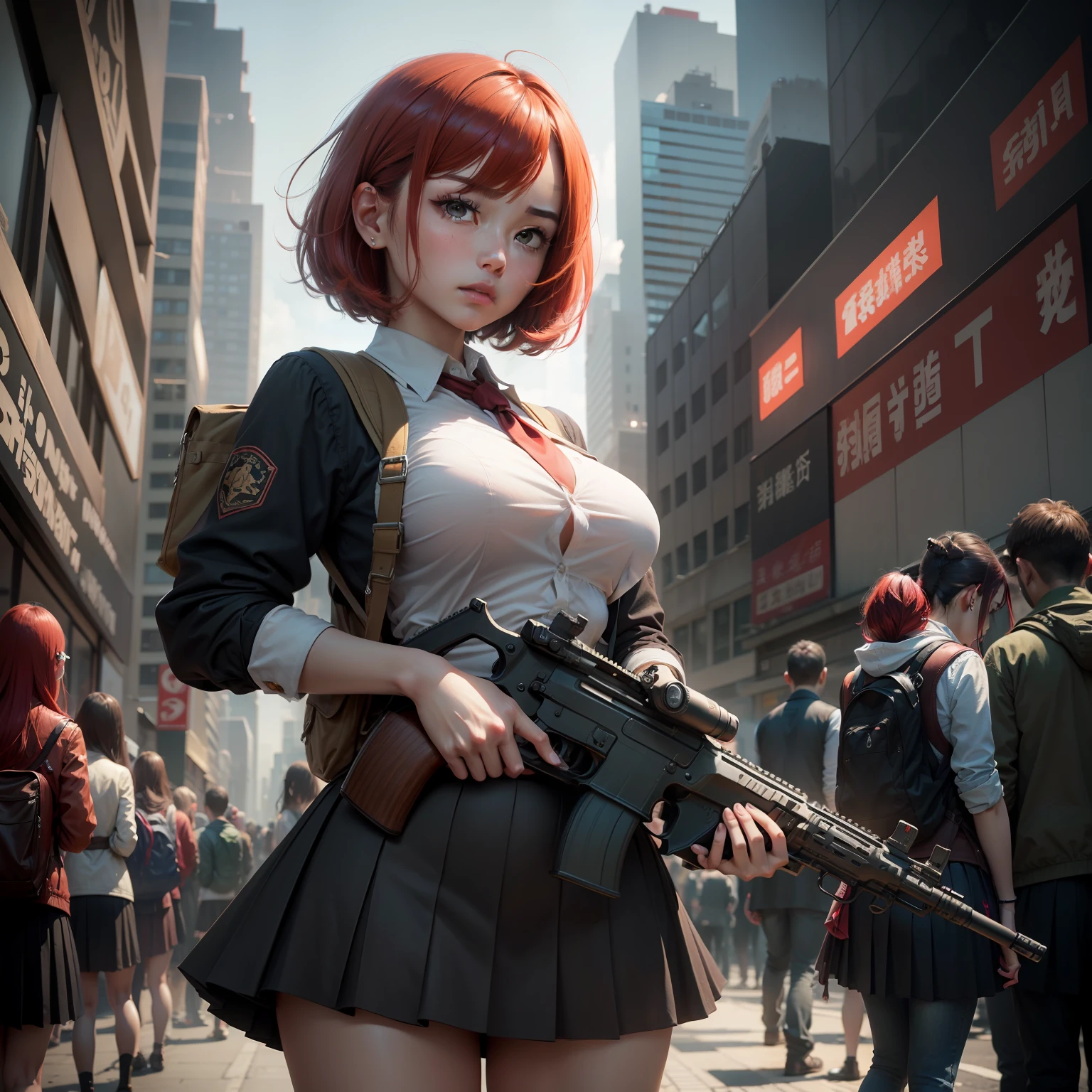 Top image quality、great resolution、ultra-detailliert、Crisp details、most beautiful artwork in the world、Professional spectacular oil painting、with an intricate、high detailing、Modern metropolis、Psychopaths、mad、In the crowd、hi-school girl、Red hair color、a short bob、small tits、A slender、Hold a large machine gun with both hands、Express anger、Powerfully、Sharply point the tip of the firearm at us.