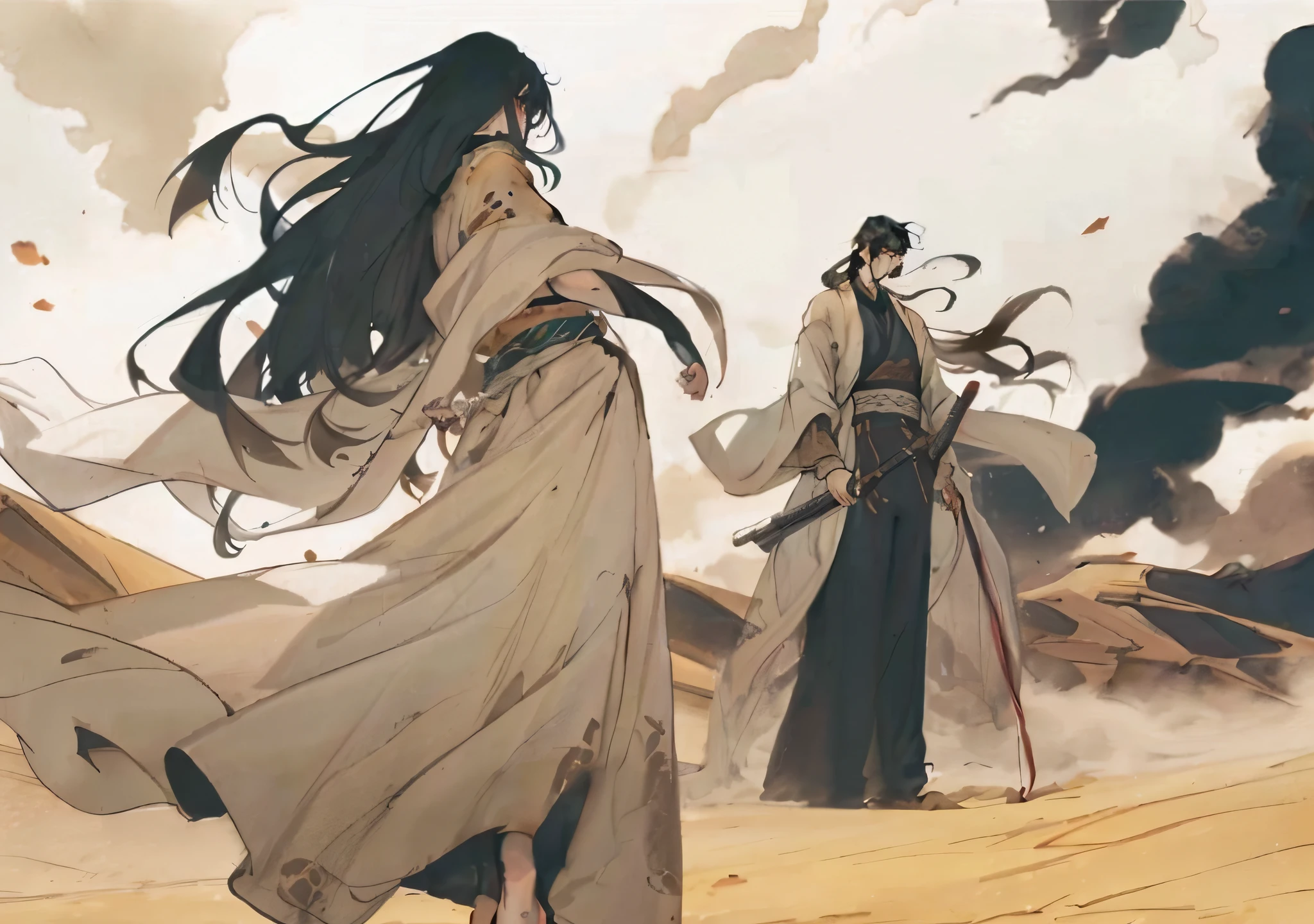 Anime characters in the desert,Smoke fell from the sky, krenz cushart and wenjun lin, flowing hair and long robes, full-body wuxia, yiqiang and shurakrgt, ruan jia and joao ruas, krenz cushart and artem demura, by Yang J, krenz cushart and asher duran