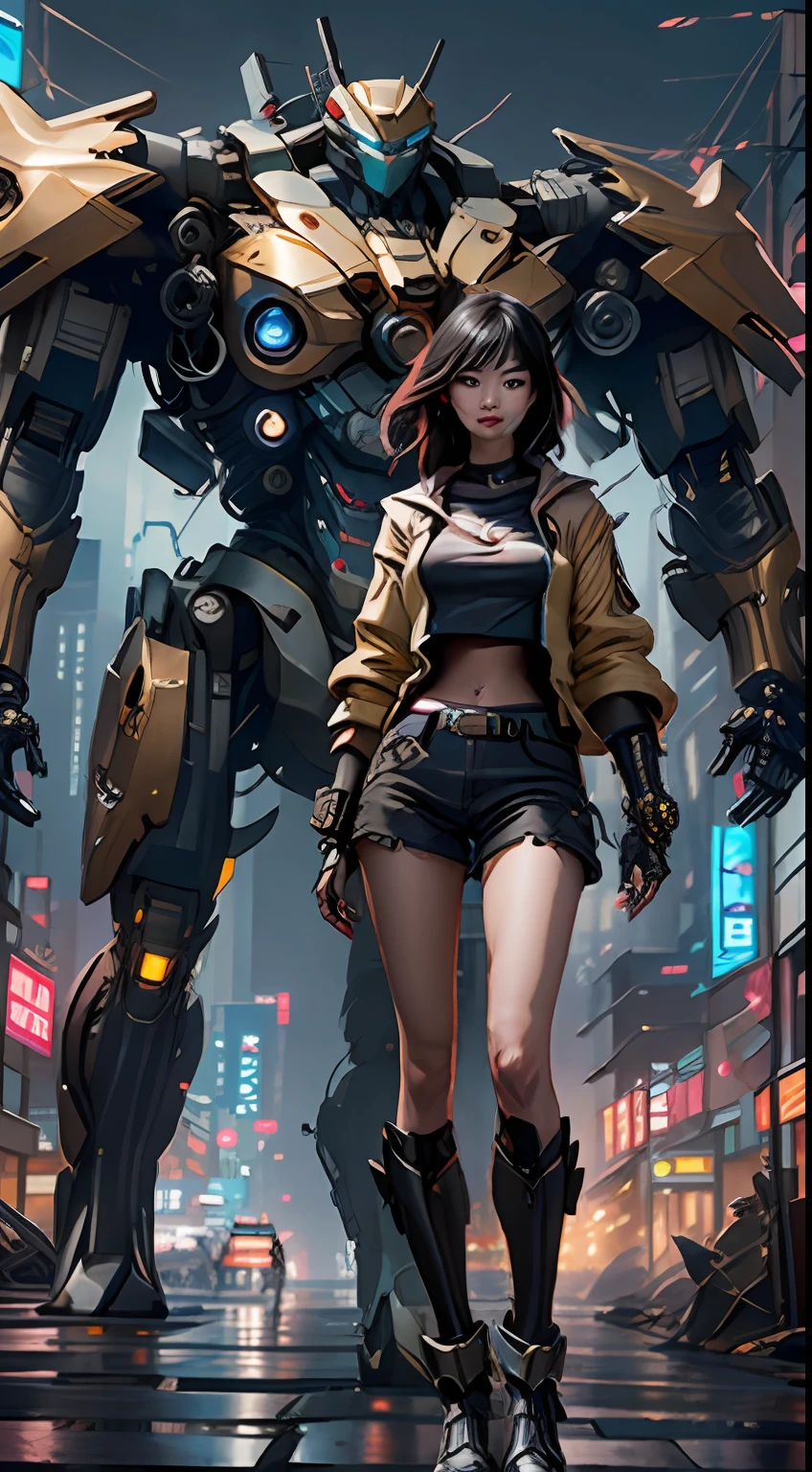 Boutique,best quality,Gold jewelry,(slip out feet),Fairy skin,(Fidelity :1.2),Standing,Super Detailed,realistic,High quality,Movie Light,Ray tracking,Ultra HD,Upper body
Girl in shorts and jacket standing next to giant robot, Guweiz style artwork, CyberPunk mech, Trends on CGSTATION, Guweiz, Russell Dongjun Lu, digital cyberpunk anime art, Ross Tran 8 K, Guweiz on ArtStation Pixiv, Girl in mecha network armor