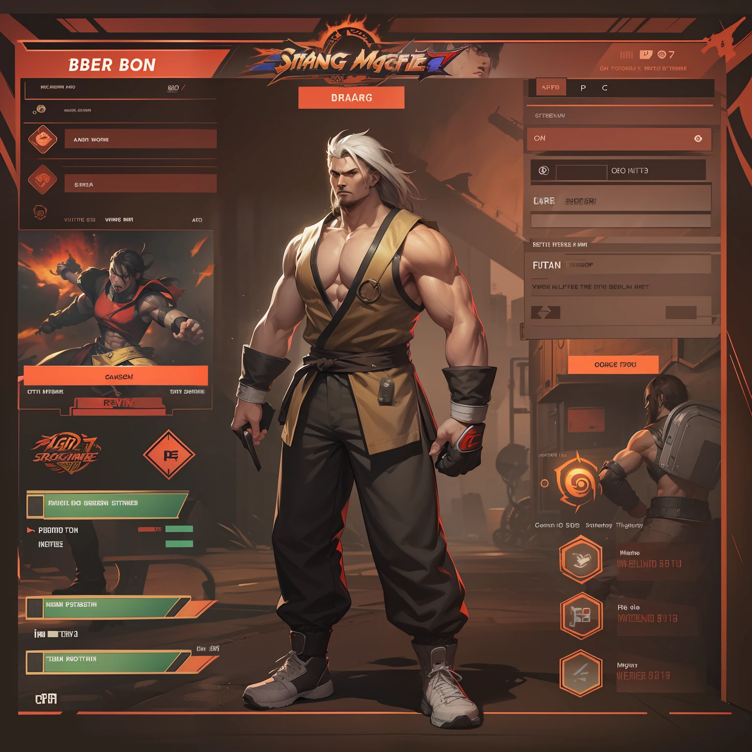 main menu, fighting game, style, layout, title, options, hud, ui.