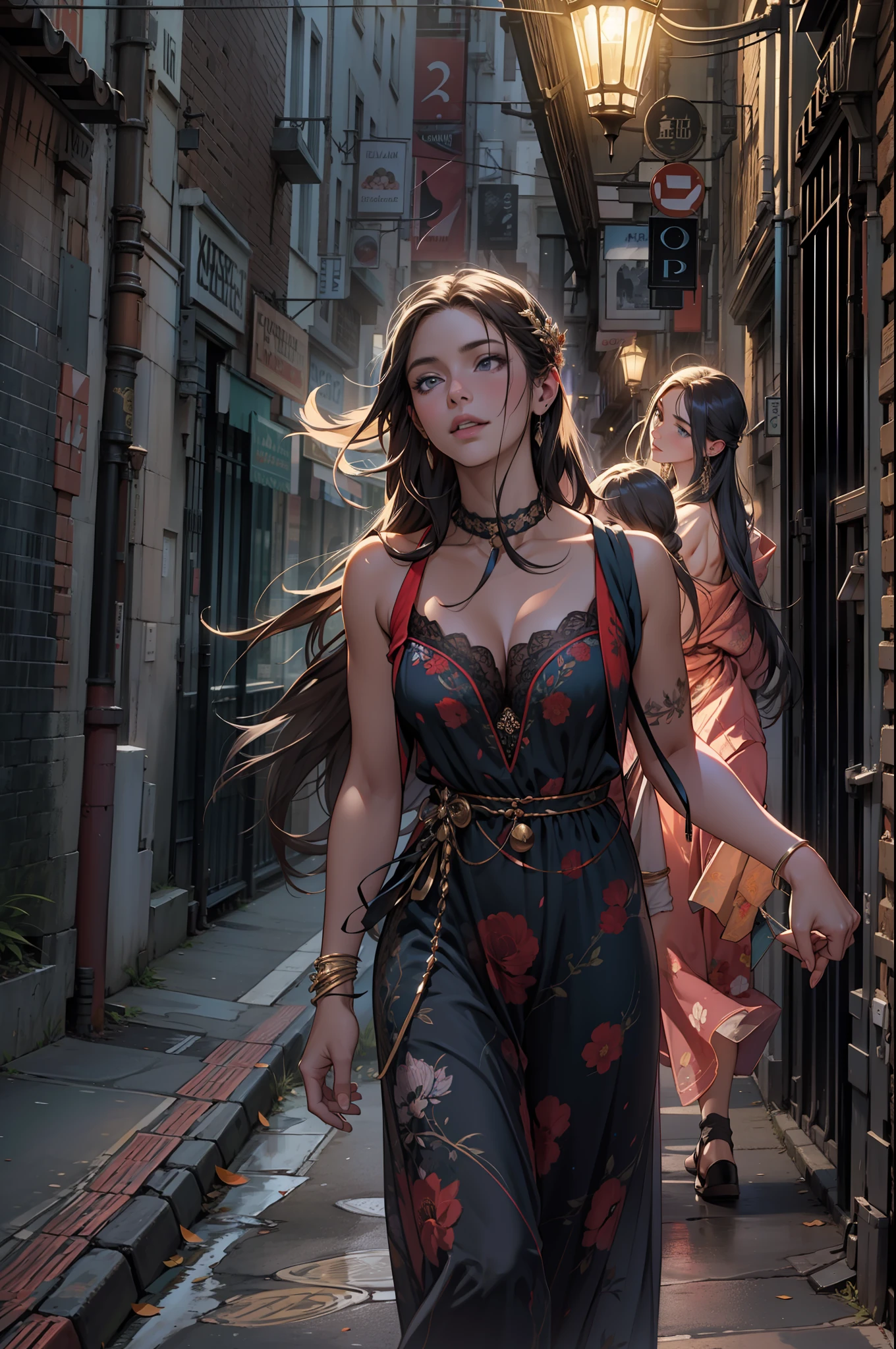 Una imagen espectacular. A medium shot of a beautiful young woman of about 23 years and her sister of 27 years even more impressive, are of Germanic origin. The two are together holding hands strolling down a New York street on a Saturday night on their way to party areas................................. Realismo extremo, detalles locos, intricate composition, cinematic quality, perfect photography, Colores sublimes.