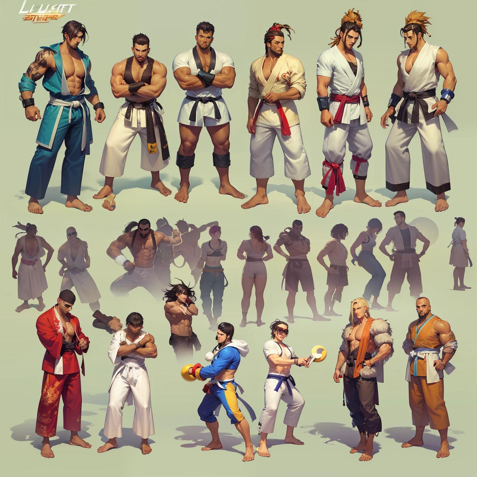 1 Personagem para jogo de luta estilo Street Fighter, King of Fighters, Tekken, Virtua Fighter. 1Lutador homem, 1 personagem, Cicatrizes, pose de luta, capoeira, homem mulato, roupa kimono jiu-jitsu, roupa moderna, cyberpunk, homem brasileiro, moreno, cabelo black lutador, dreads.