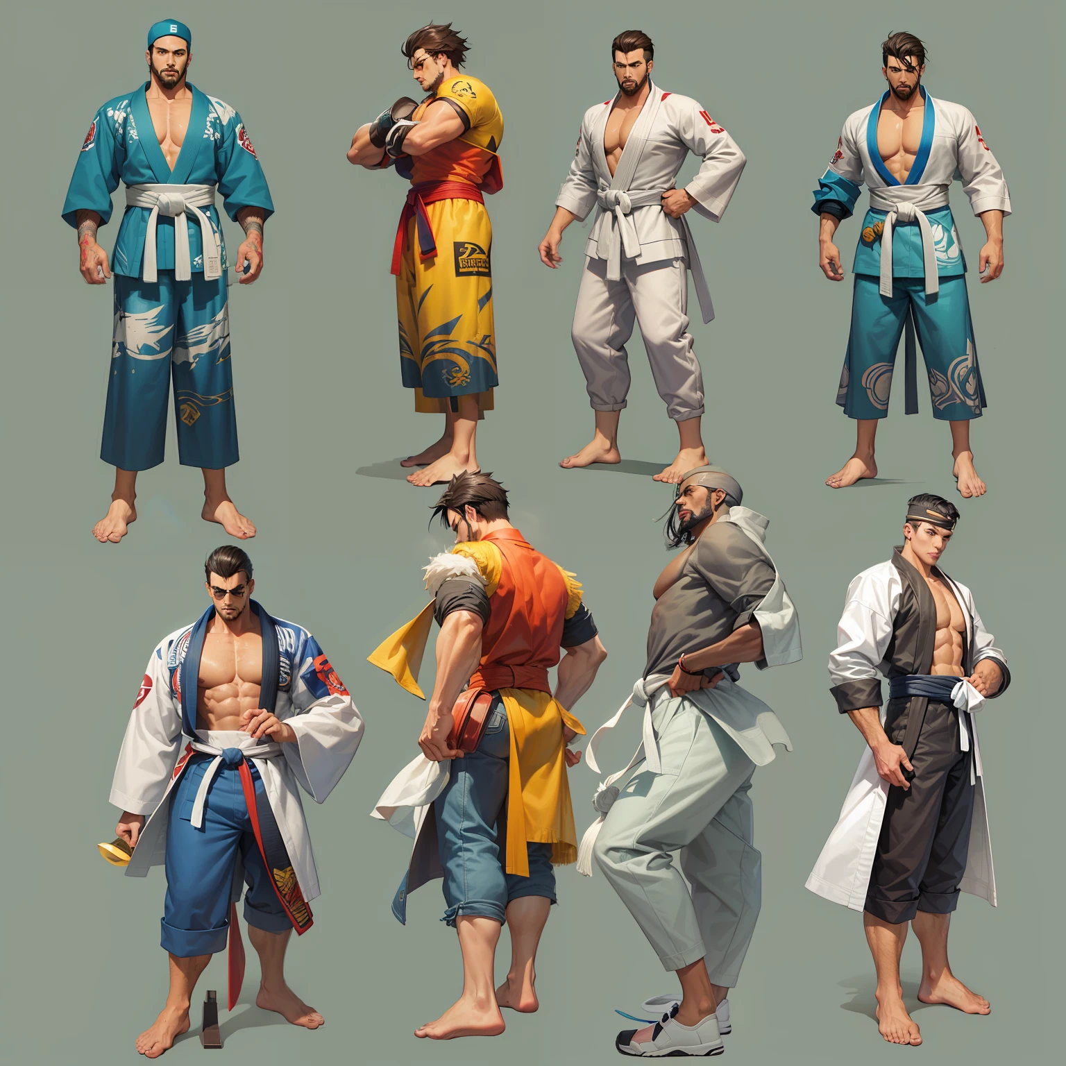 1 Personagem para jogo de luta estilo Street Fighter, King of Fighters, Tekken, Virtua Fighter. 1Lutador homem, 1 personagem, Cicatrizes, pose de luta, jiu jitsu, homem jiu jitsu, roupa kimono jiu-jitsu, roupa moderna, cyberpunk, homem brasileiro, moreno.