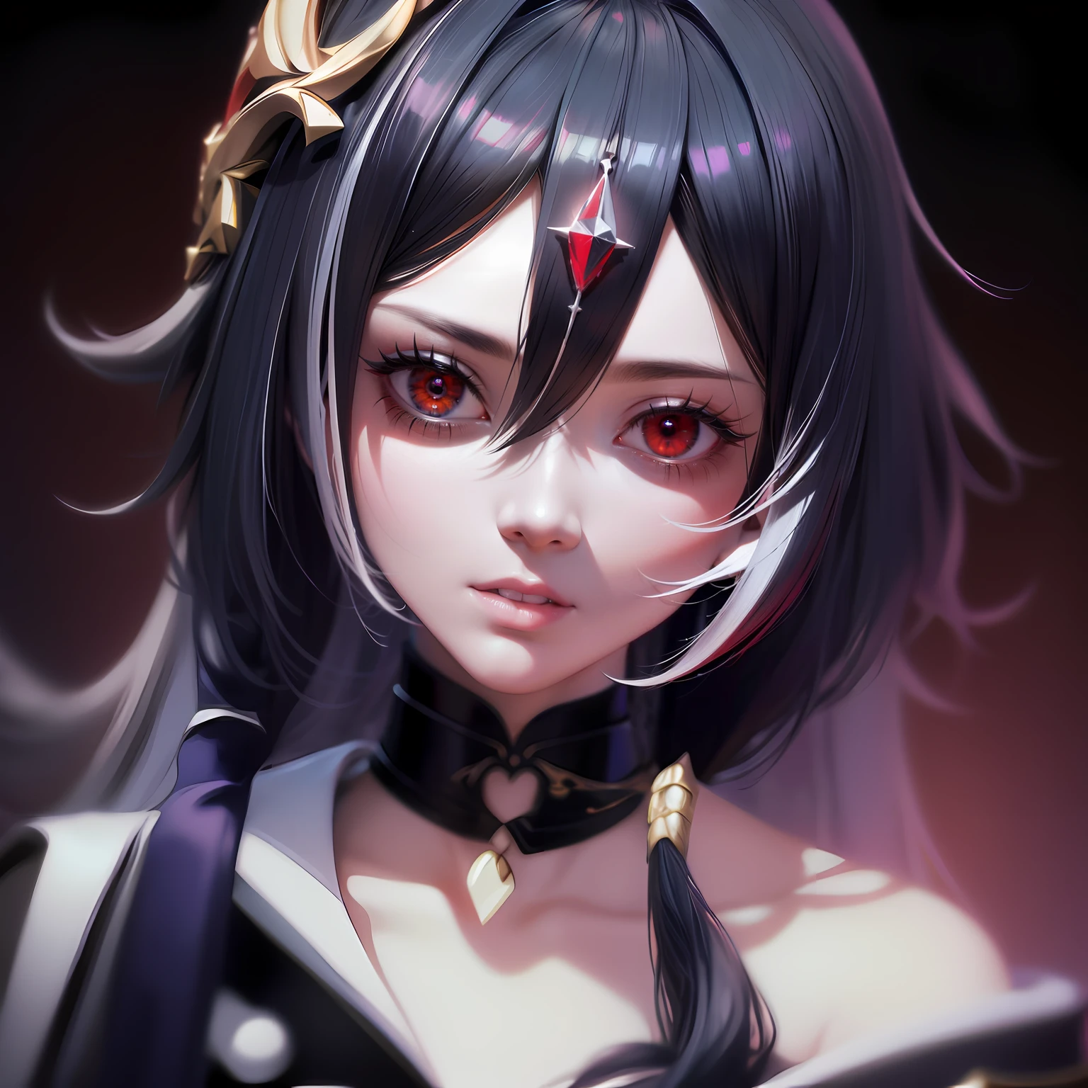 Anime girl with black hair and red eyes in a black dress, onmyoji portrait, Detailed digital anime art, Extremely detailed Artgerm, Portrait Chevaliers du Zodiaque Fille, Smooth anime CG art, Stunning anime face portrait, IG model | Art germ, Art germ on ArtStation Pixiv, 8K high quality detailed art, Art germ. High detail