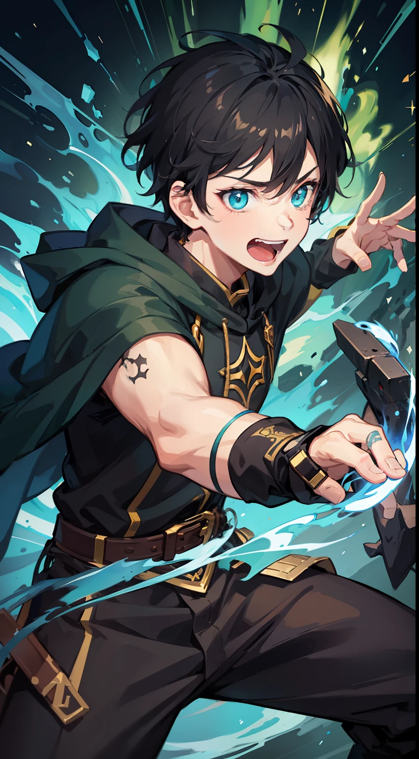 Young guy, short black hair, Cyan eyes, The Dark Wizard's Uncovered Mantle, green fire, Tatoo, Runes, combat stance, Crazy laughter, Masterpiece, hiquality